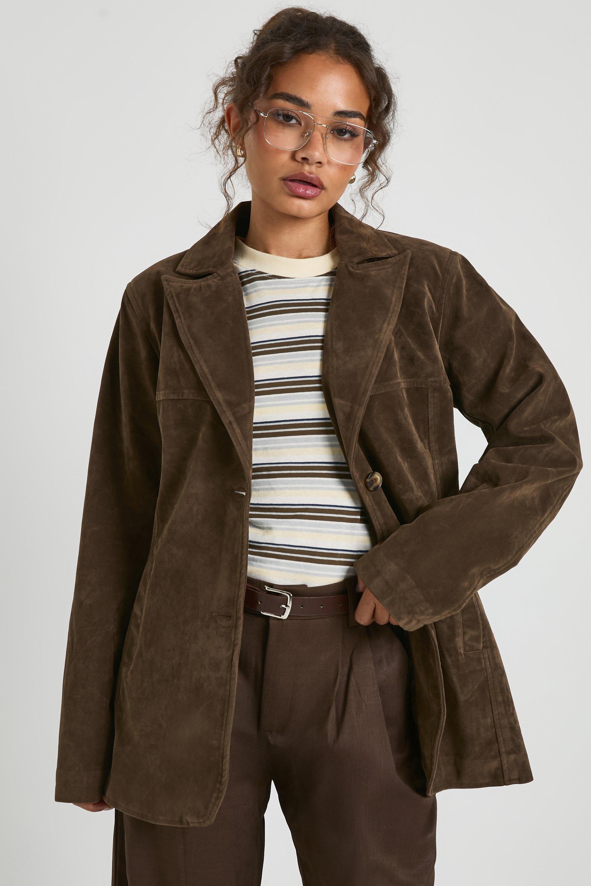 Image of Suede Look Cinched Blazer, Beige