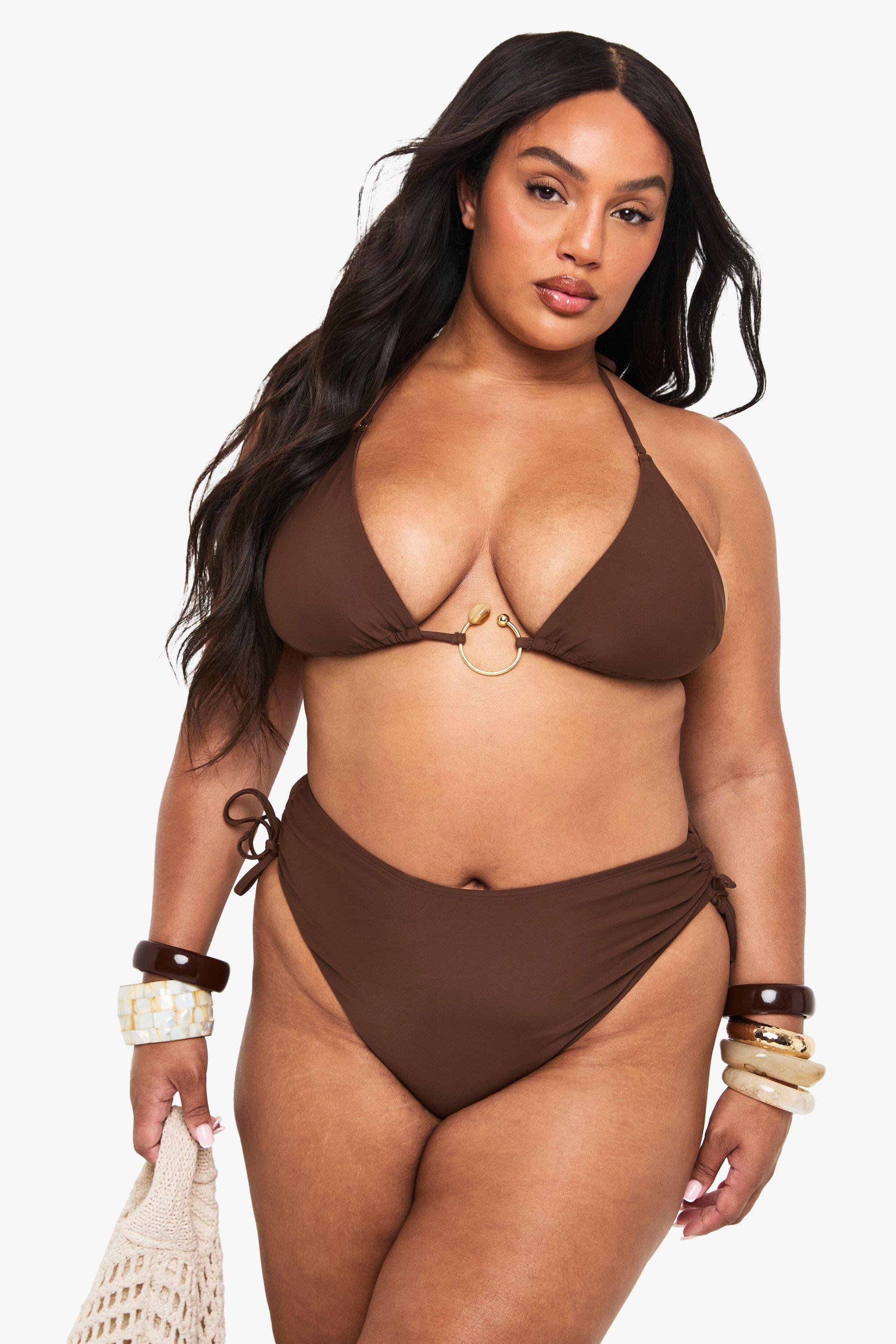 Boohoo Plus Ruched High Waist Bikini Bottom, Chocolate