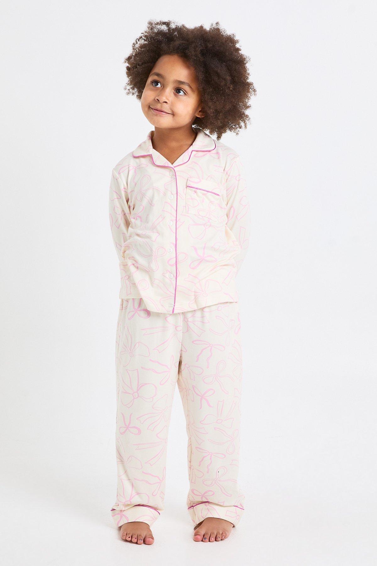 Image of Kids Matching Family Bow Print Super Soft Long Sleeve Shirt & Trousers Pyjama Set, Azzurro