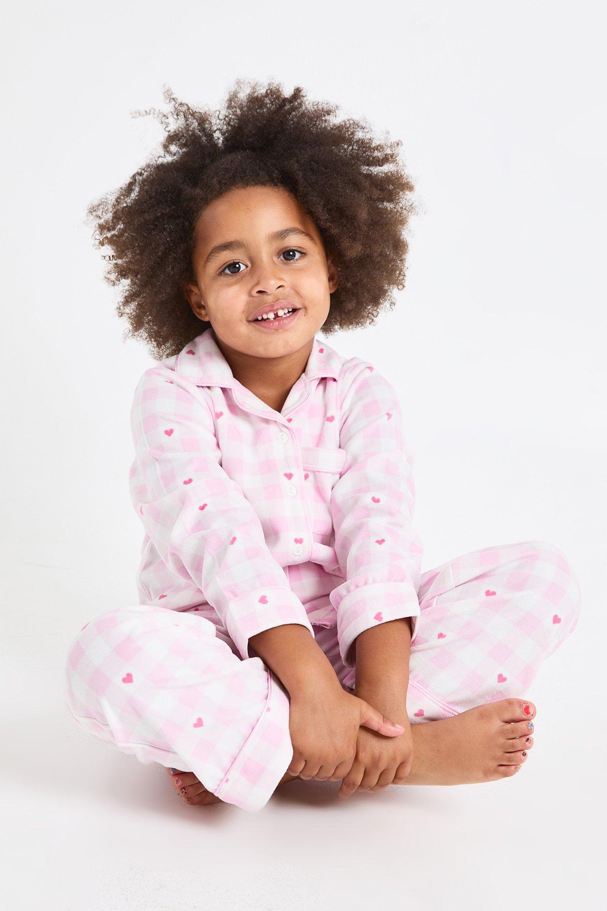 Image of Kids Matching Family Check & Heart Print Baby Fleece Long Sleeve Shirt & Trousers Pyjama Set, Azzurro