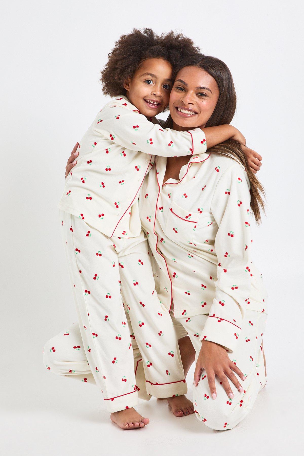 Image of Kids Matching Family Cherry Print Baby Fleece Long Sleeve Shirt & Trousers Pyjama Set, Bianco