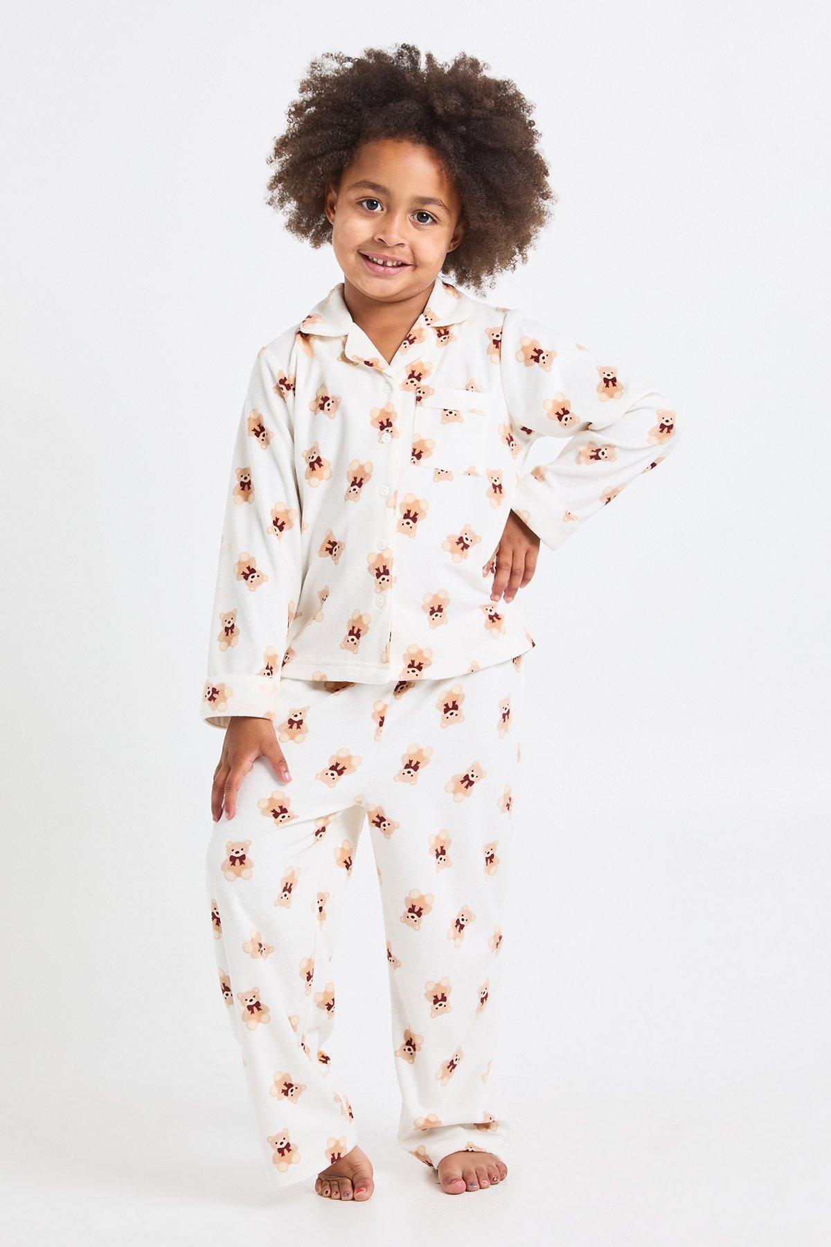 Image of Kids Matching Family Bear Print Baby Fleece Long Sleeve Shirt & Trousers Pyjama Set, Beige