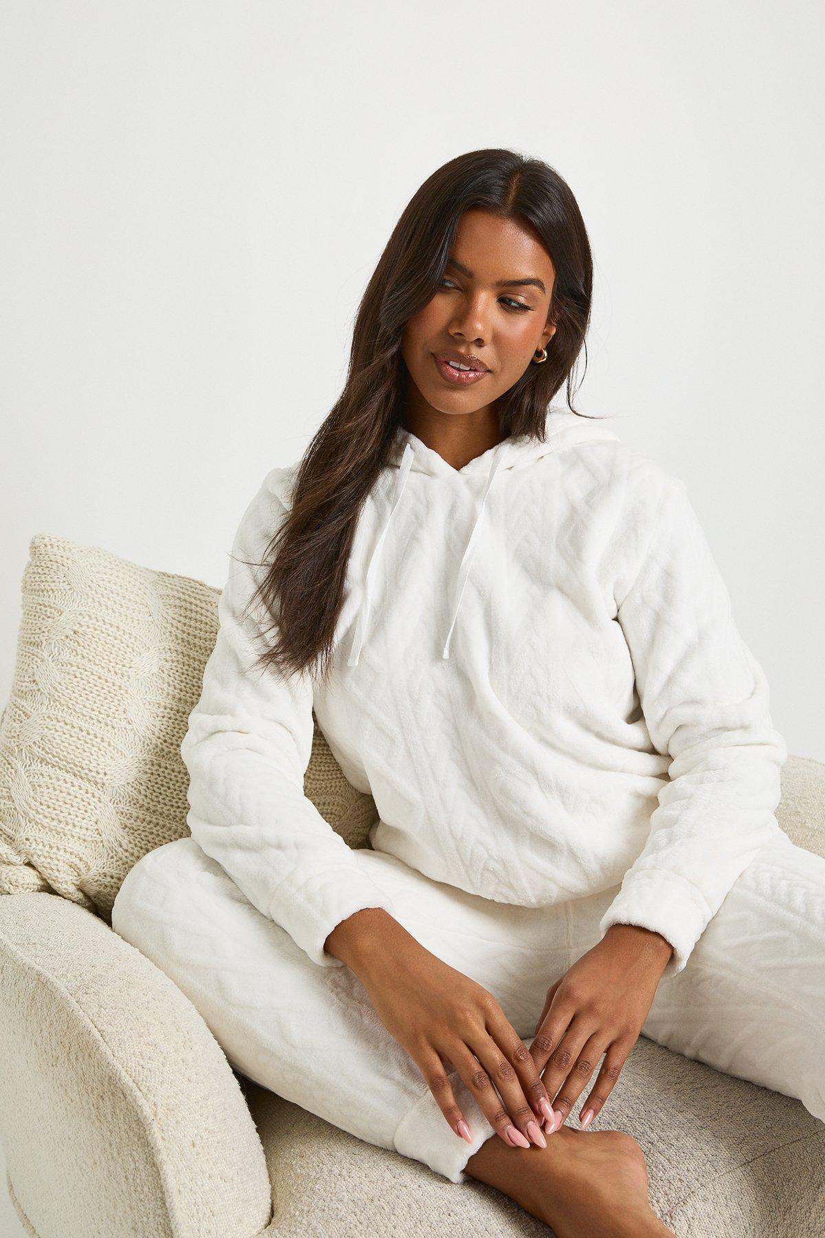 Image of Cable Knit Fleece Hoody & Trousers Lounge Set, Bianco
