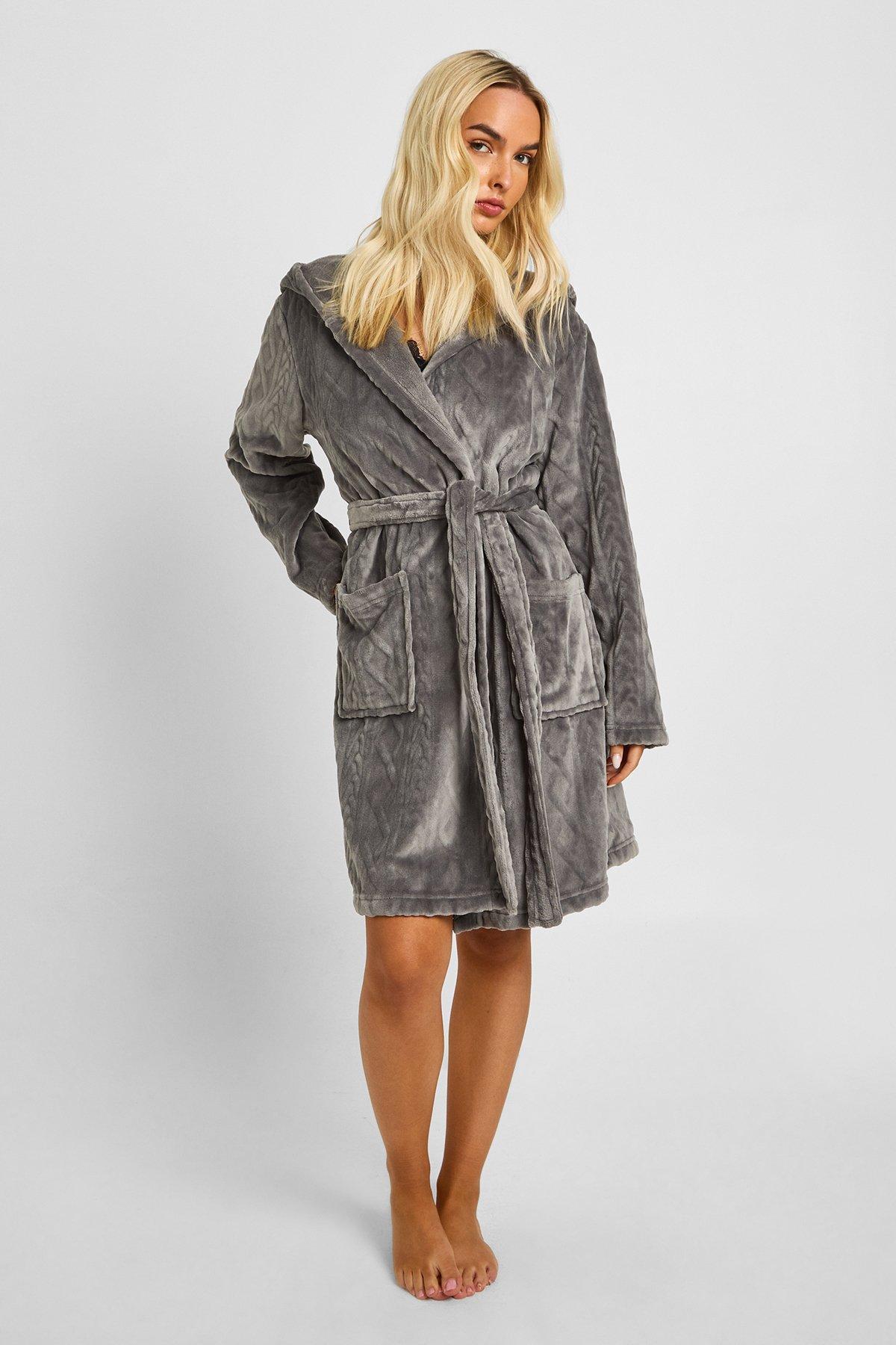 Image of Cable Knit Fleece Hooded Short Dressing Gown, Grigio