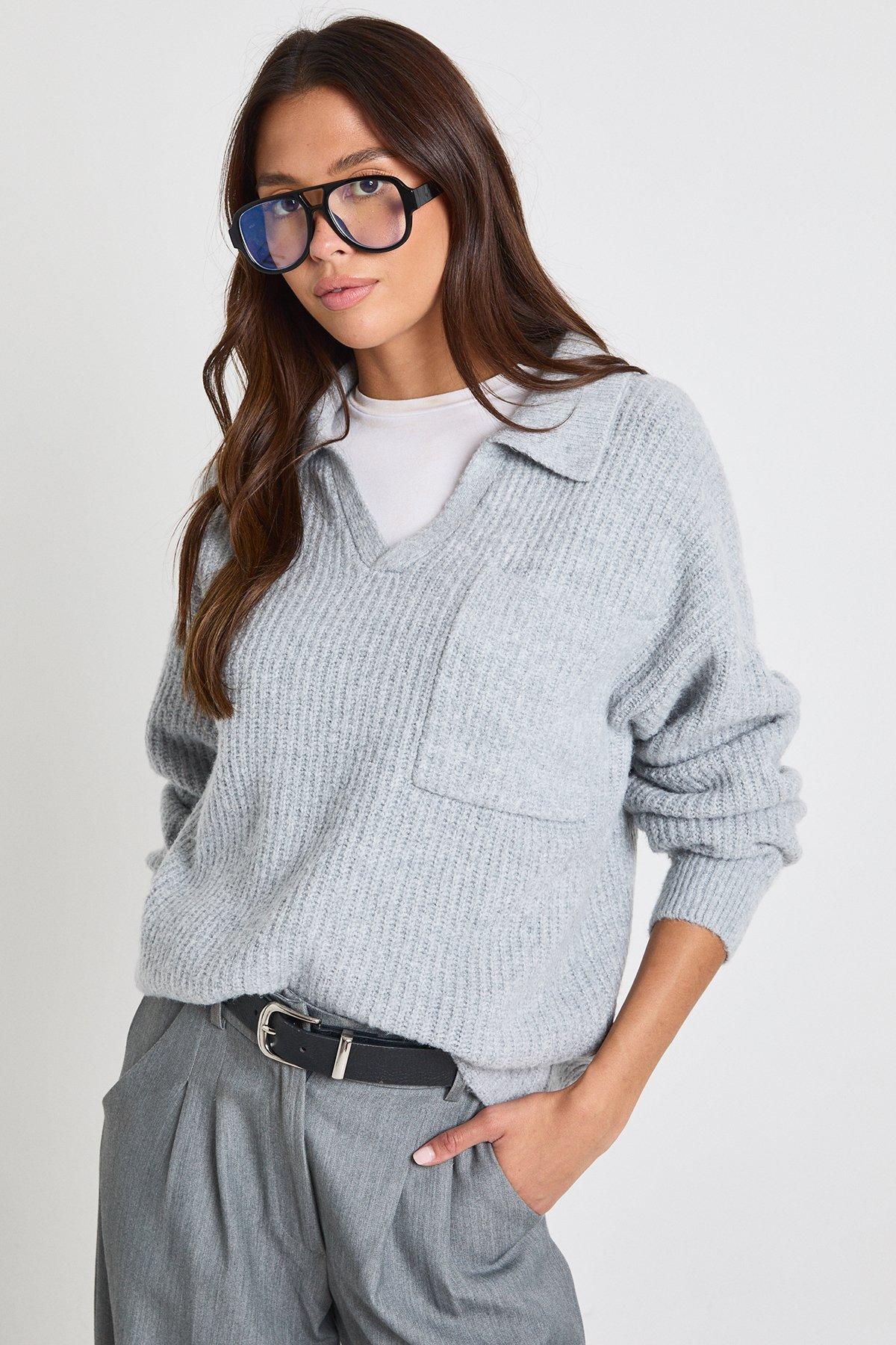 Image of Super Soft Rib Knit Pocket Detail Oversized Jumper, Grigio