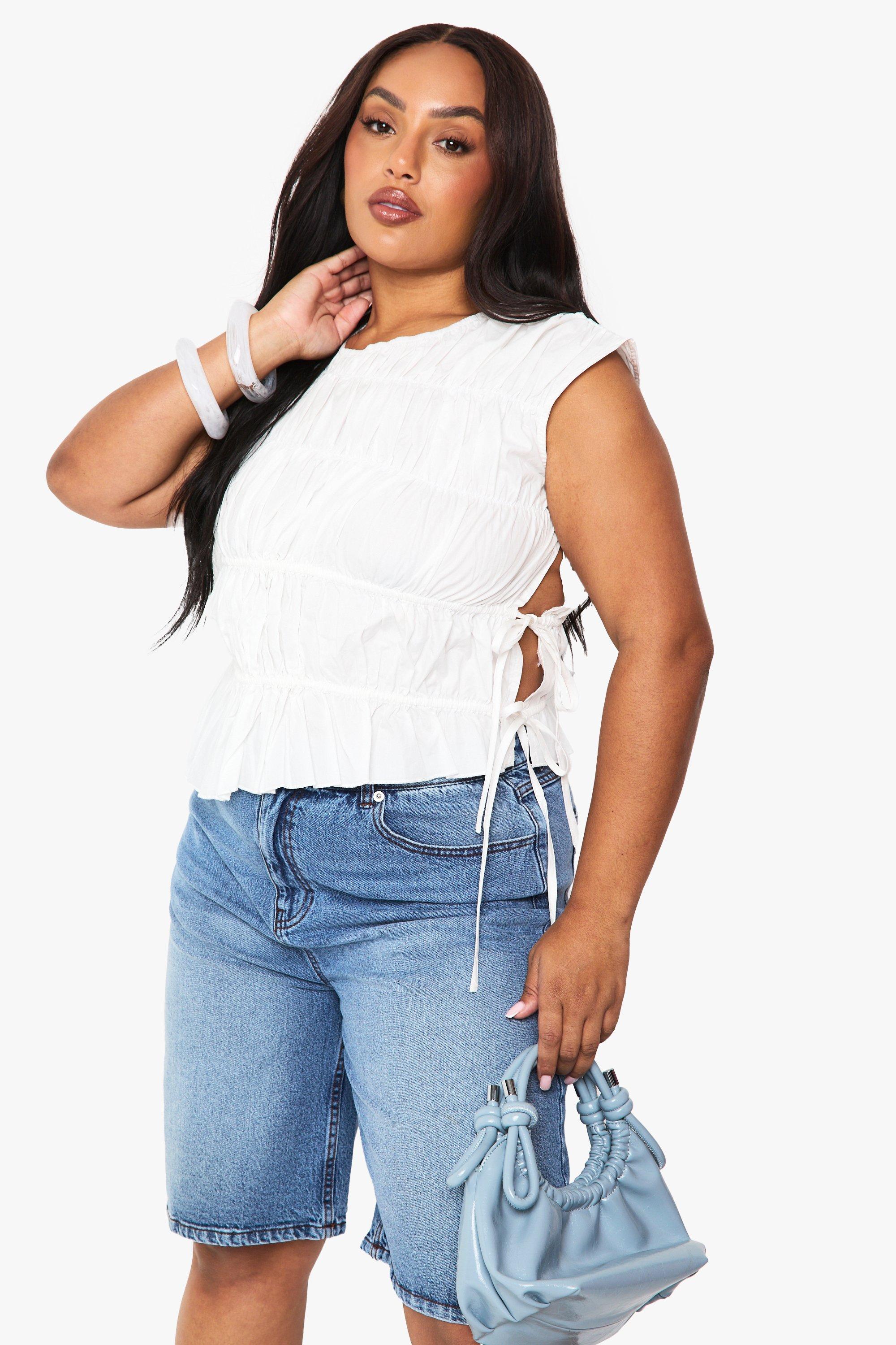 Boohoo Plus Shirred Boxy Top, White