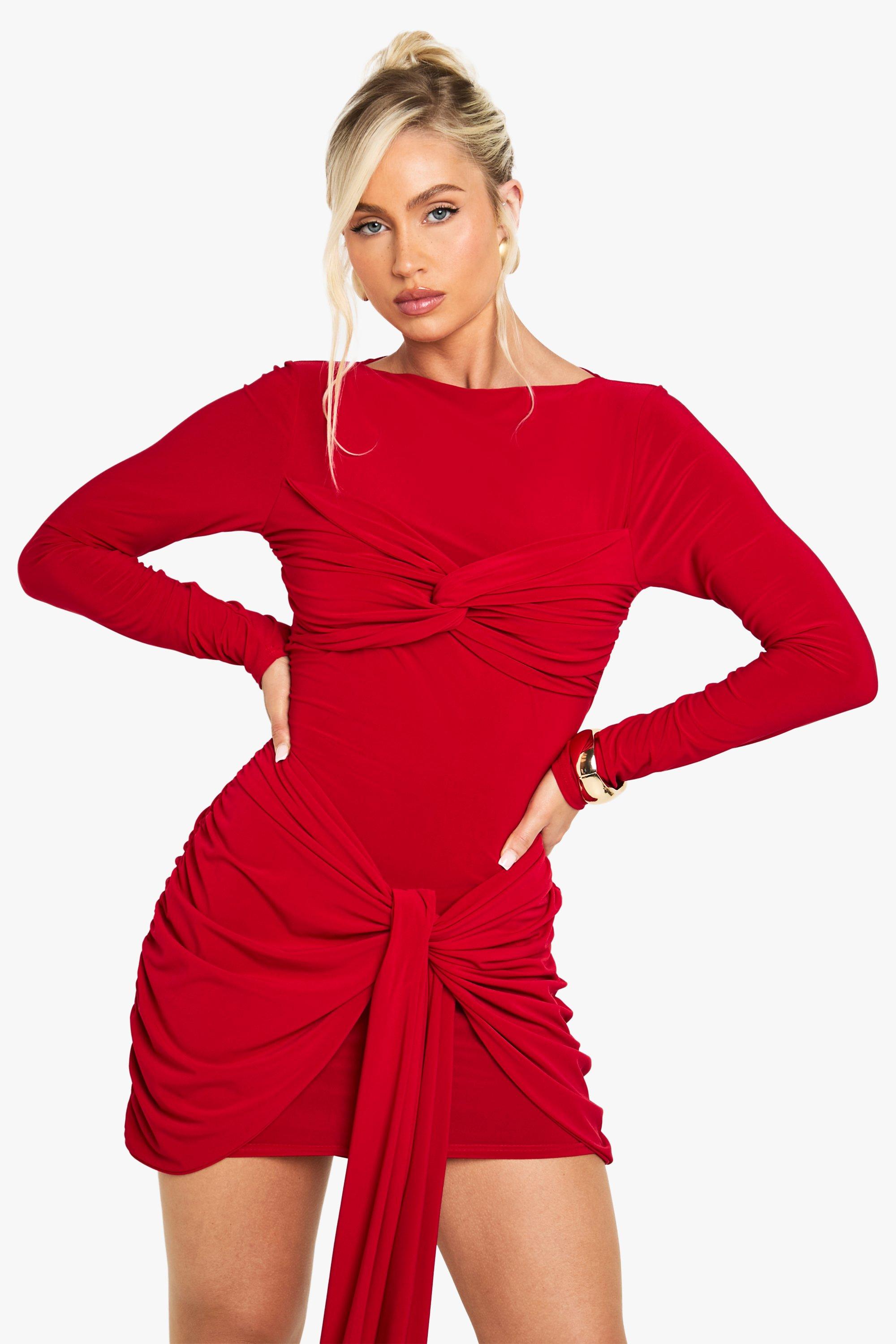 Boohoo Ruched Twist Detail Mini Dress, Red