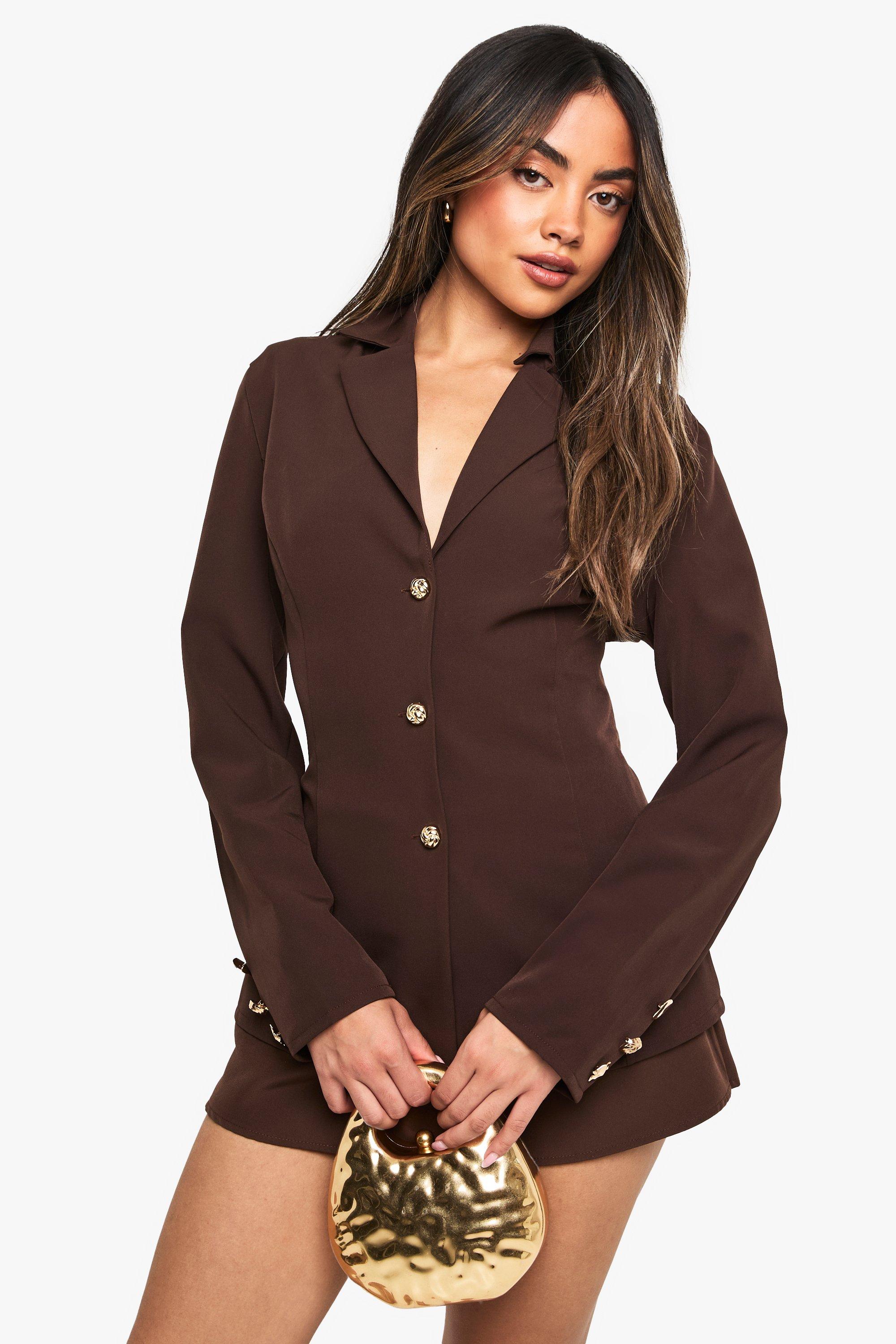 Boohoo Blazer Met Gouden Zoom En Geplooide Taille, Chocolate