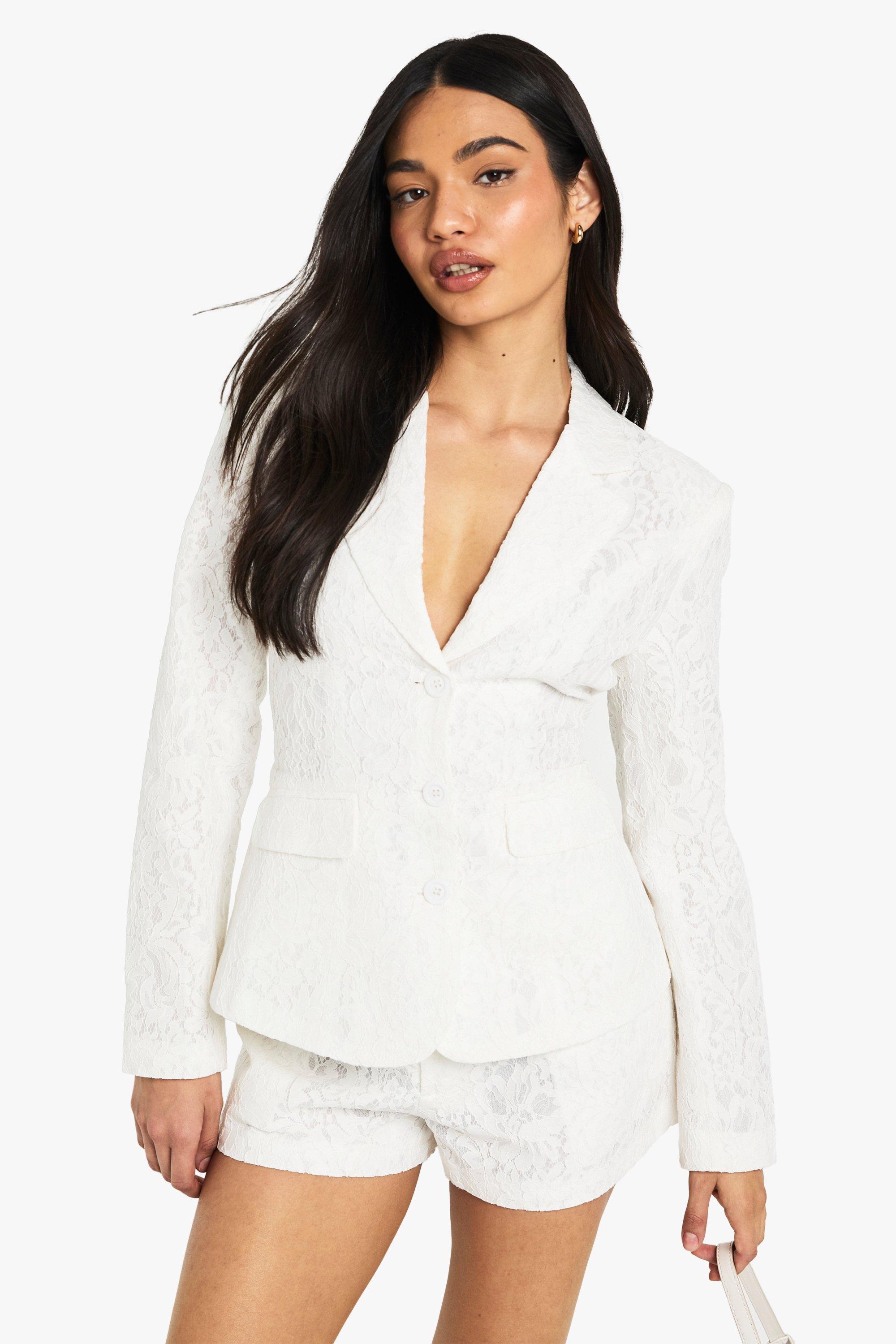 Boohoo Occasion Lace Single Breasted Blazer, White