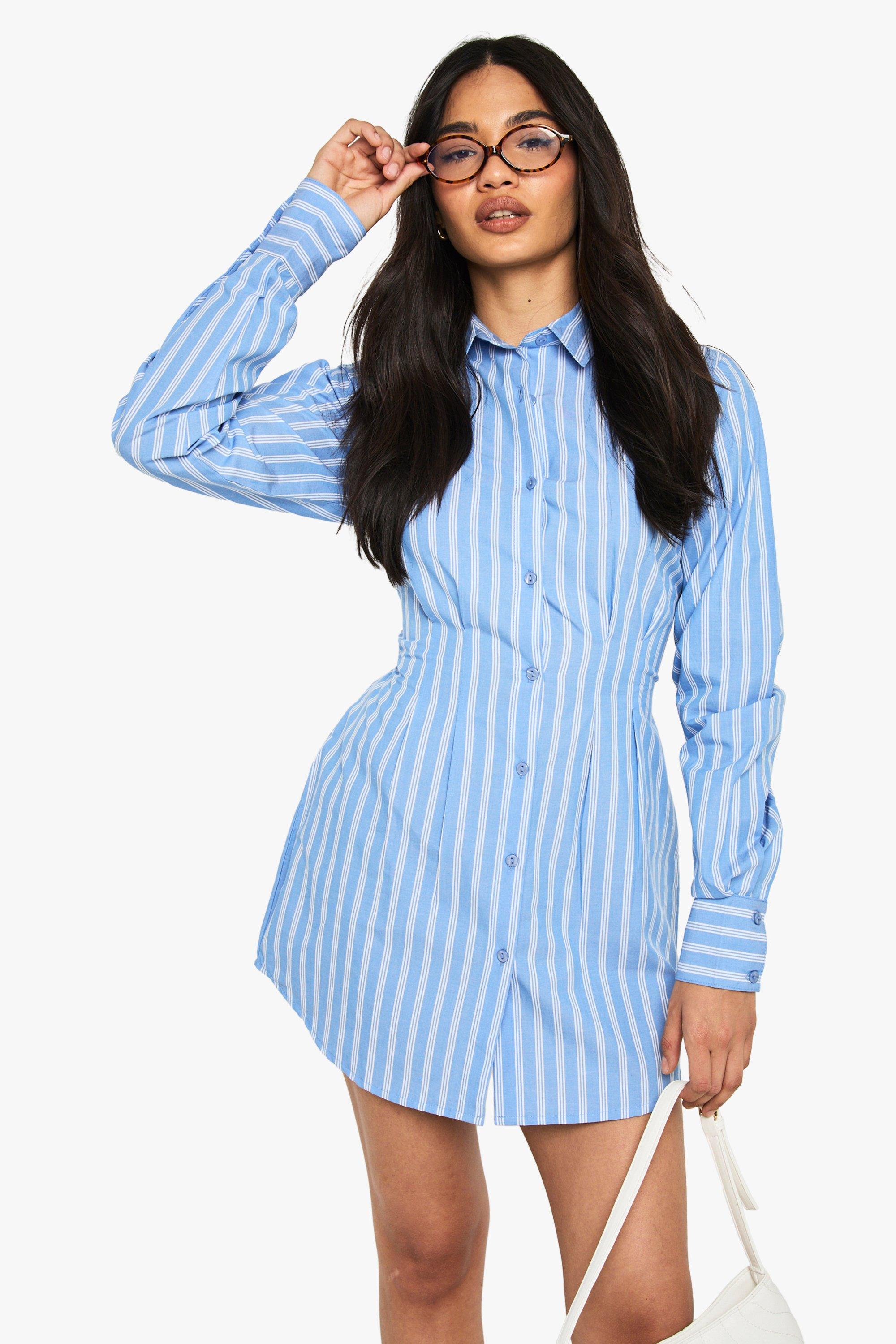Boohoo Stripe Cinched Waist Shirt Dress, Blue