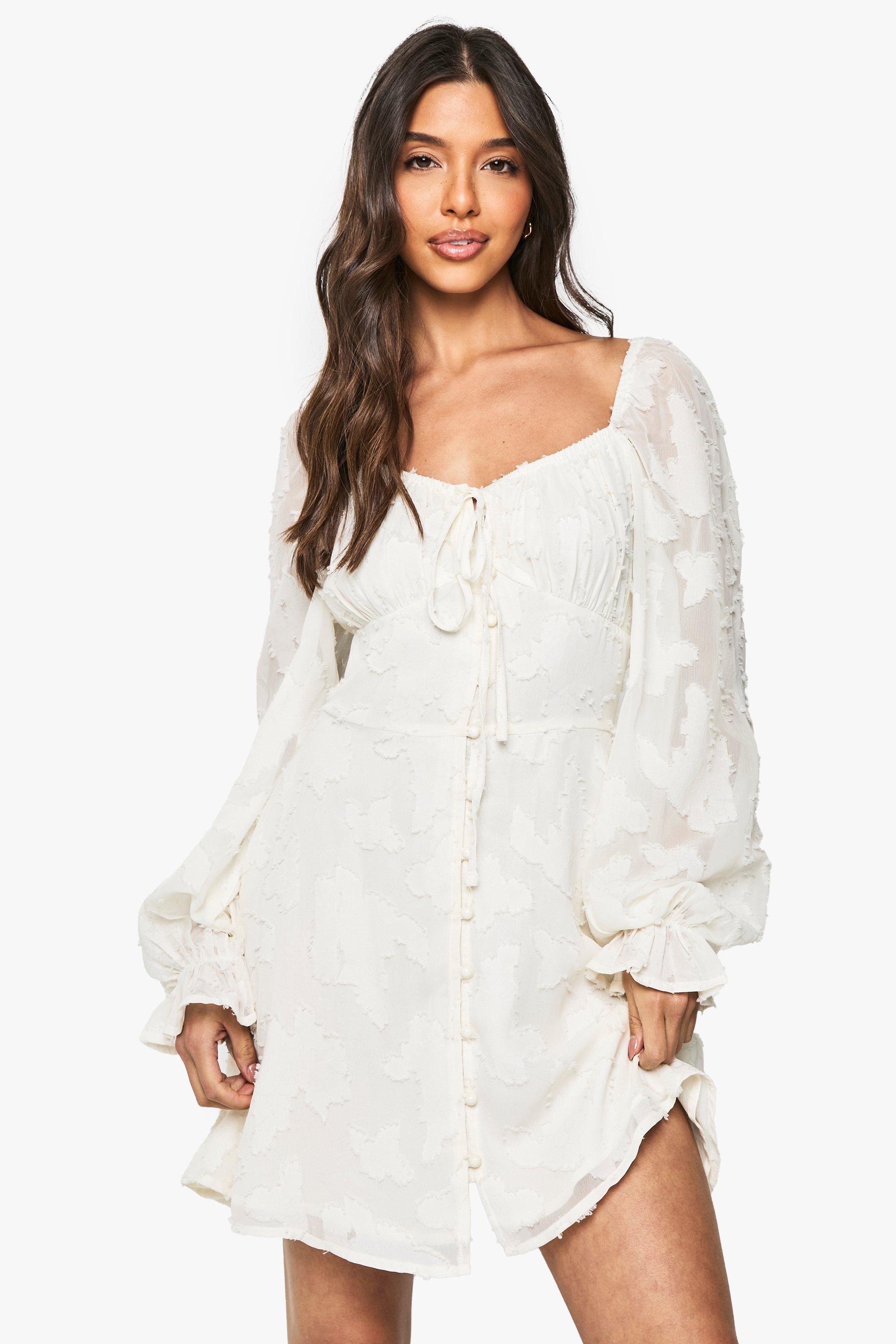 Boohoo Tie Detail Burnout Long Sleeve Mini Dress, White