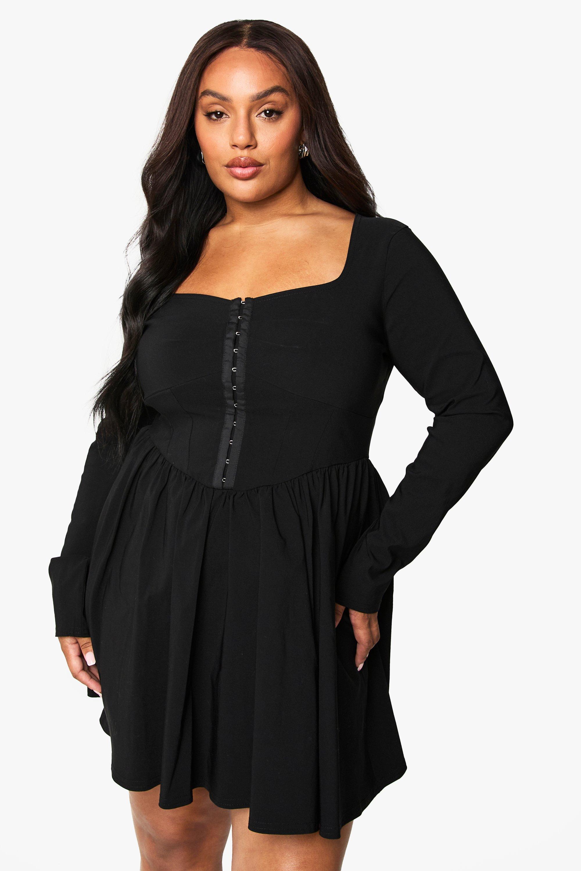 Boohoo Plus Long Sleeve Corset Mini Dress, Black