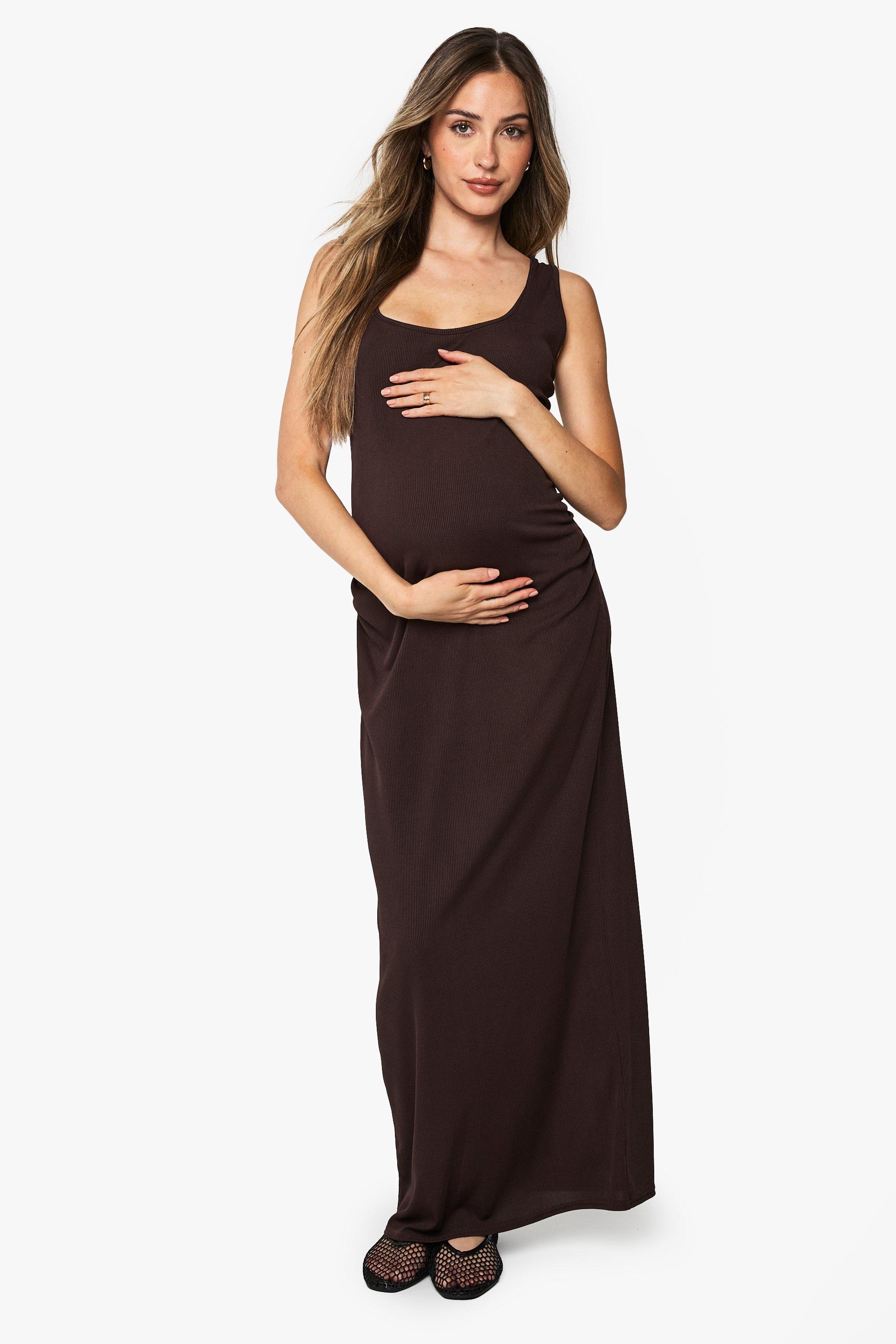 Boohoo Maternity Rib Scoop Neck Midaxi Dress, Chocolate