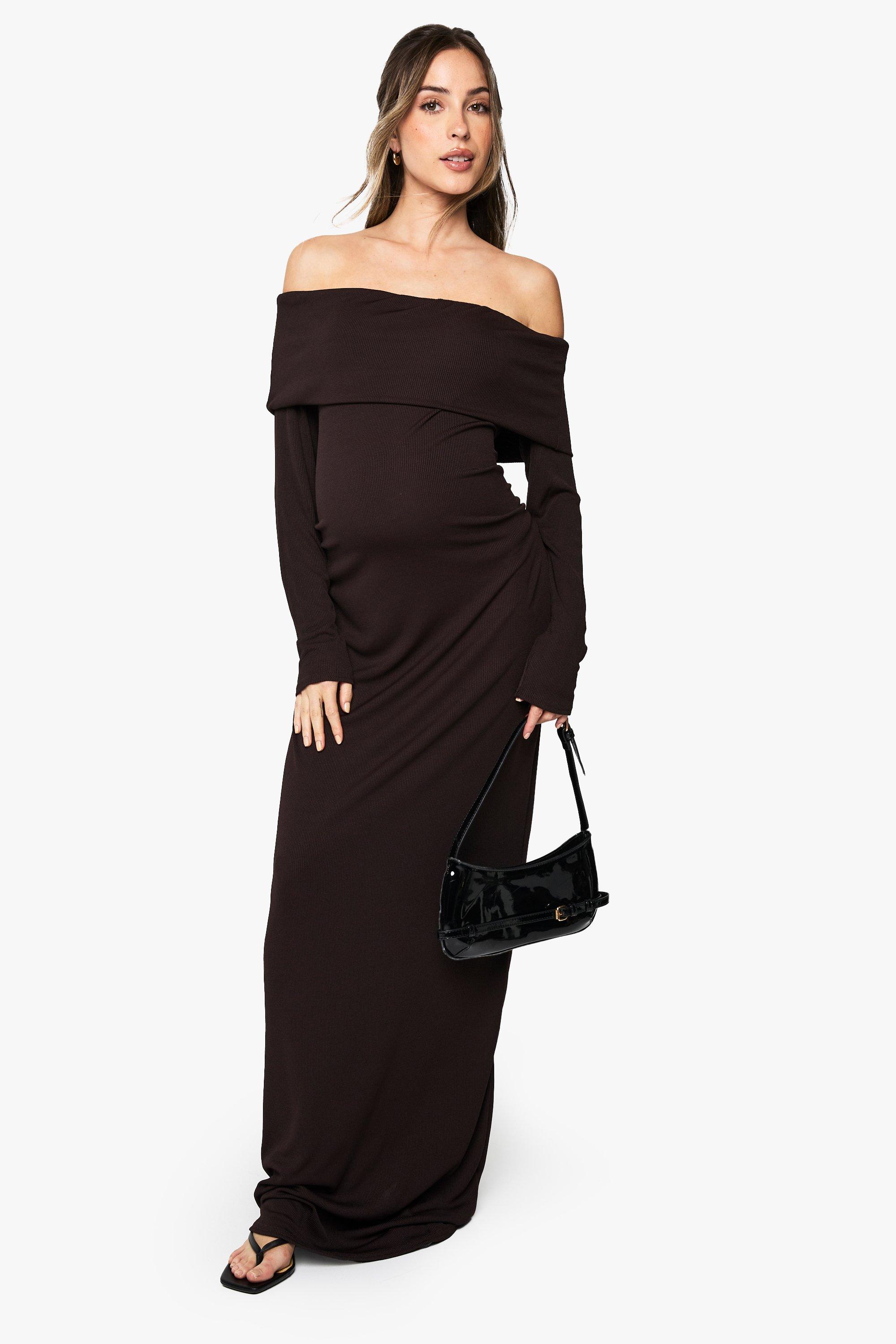 Boohoo Maternity Rib Bardot Maxi Dress, Chocolate