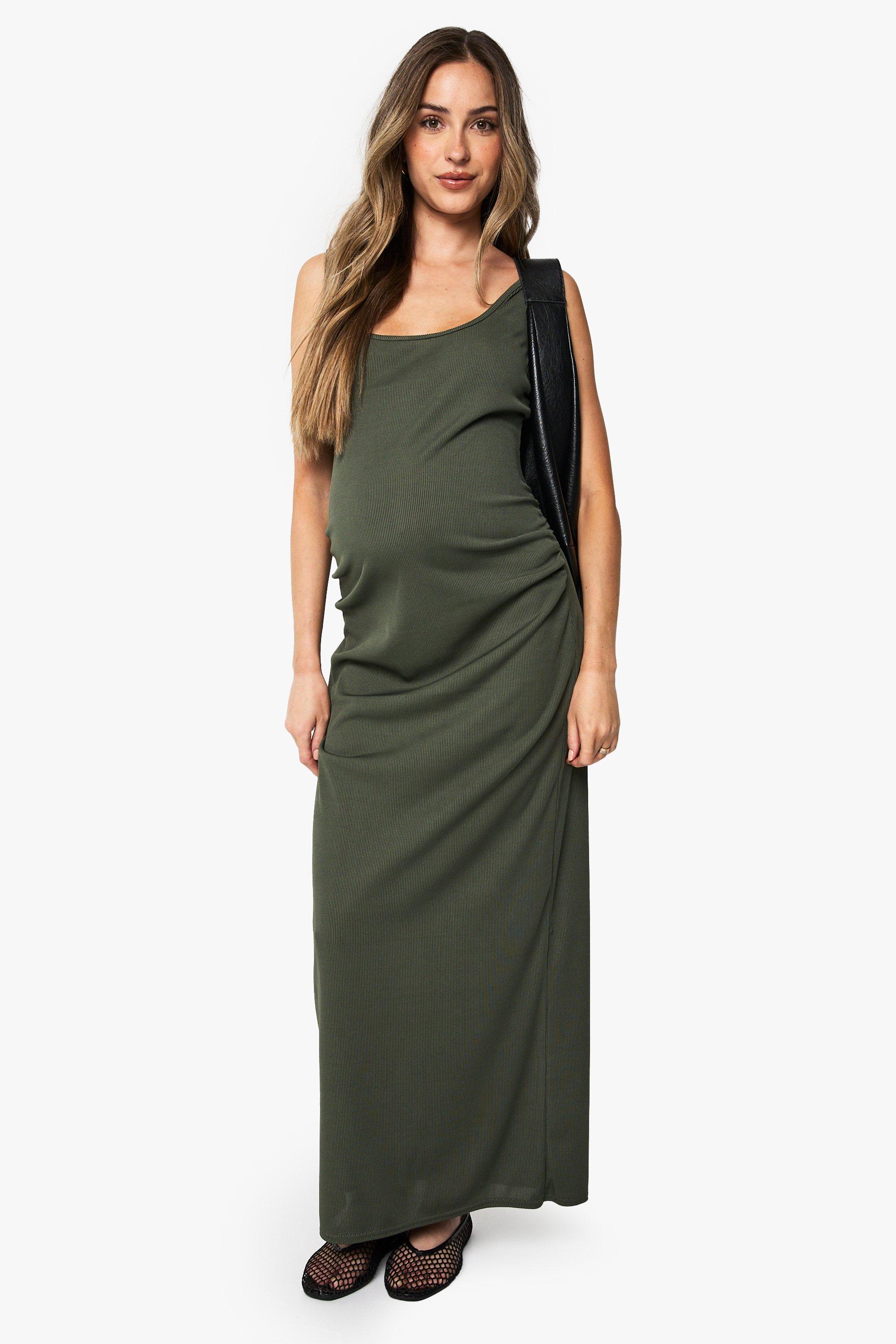 Boohoo Maternity Rib Scoop Neck Midaxi Dress, Khaki