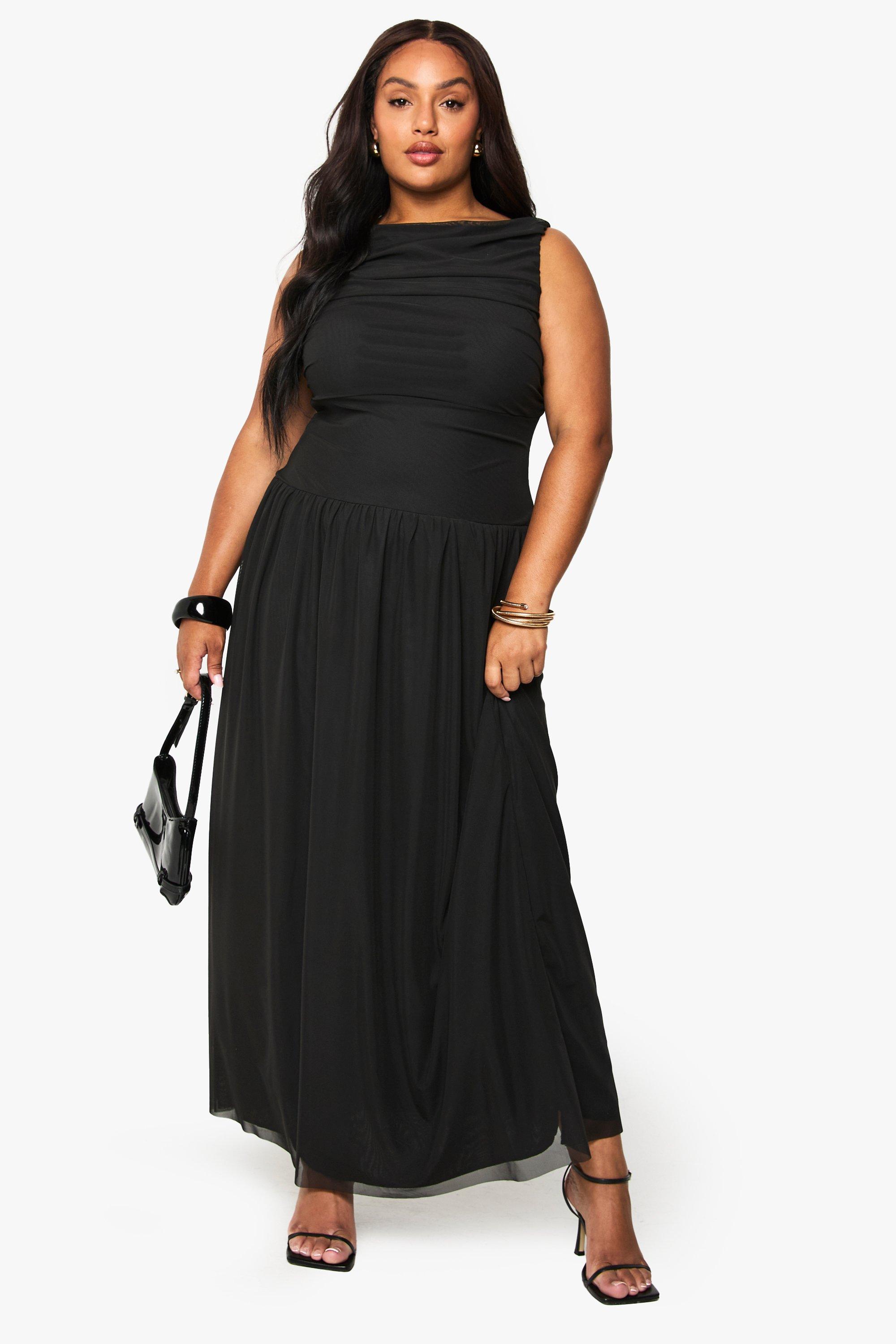 Boohoo Plus Mesh Ruched Drop Hem Maxi Dress, Black