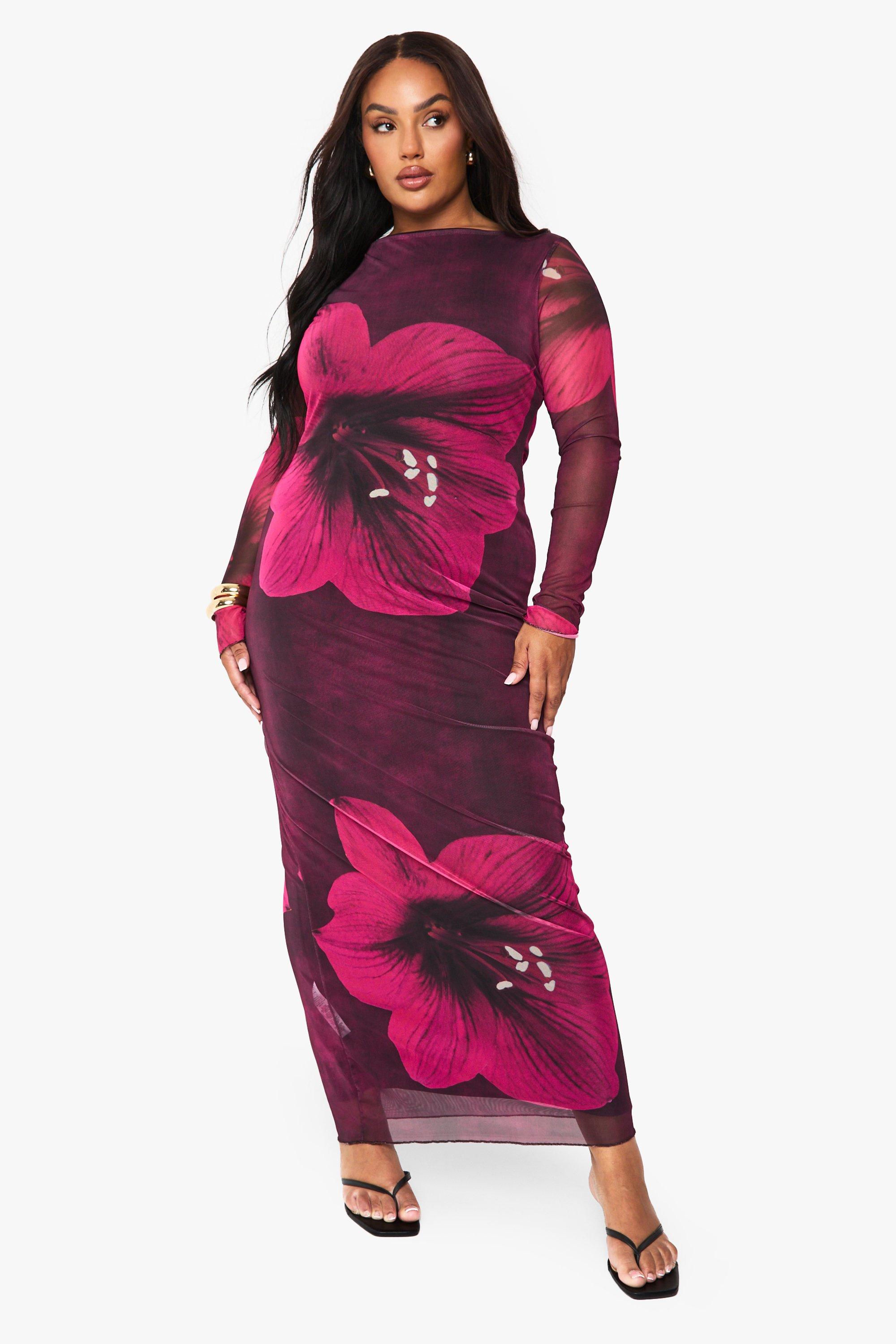 Boohoo Plus Floral Mesh Maxi Dress, Black