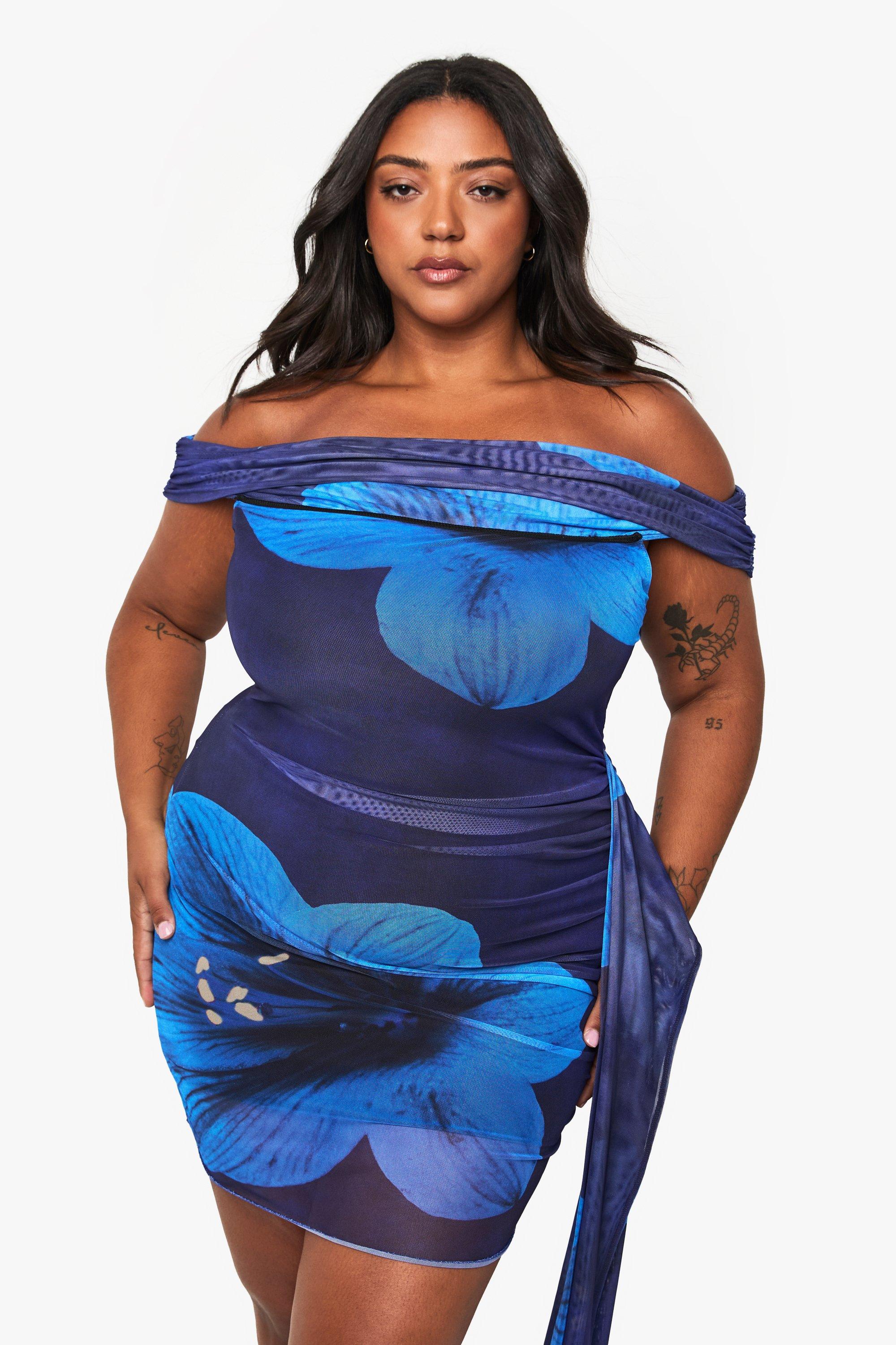 Boohoo Plus Floral Bardot Mesh Mini Dress, Cobalt