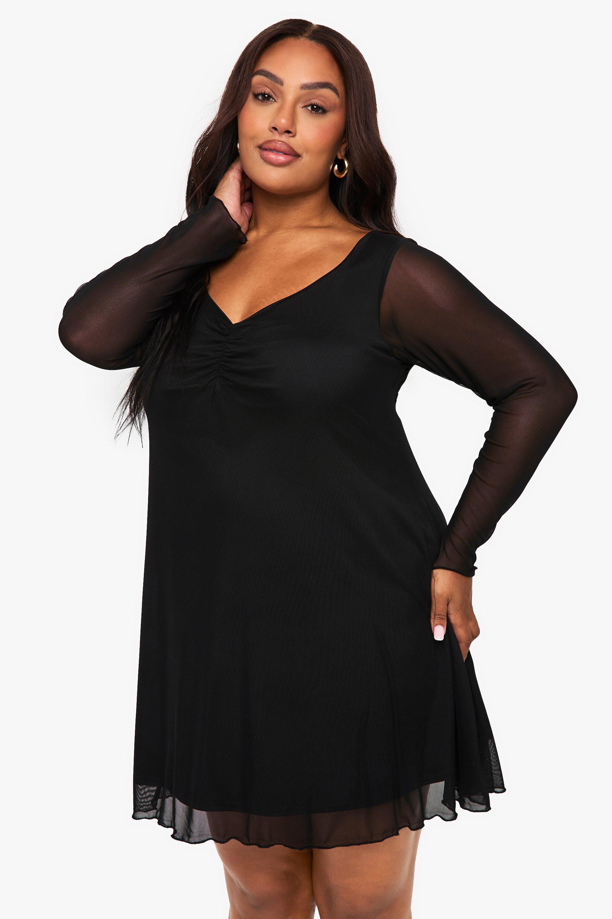 Boohoo Plus Ruched Bust Mesh Mini Dress, Black