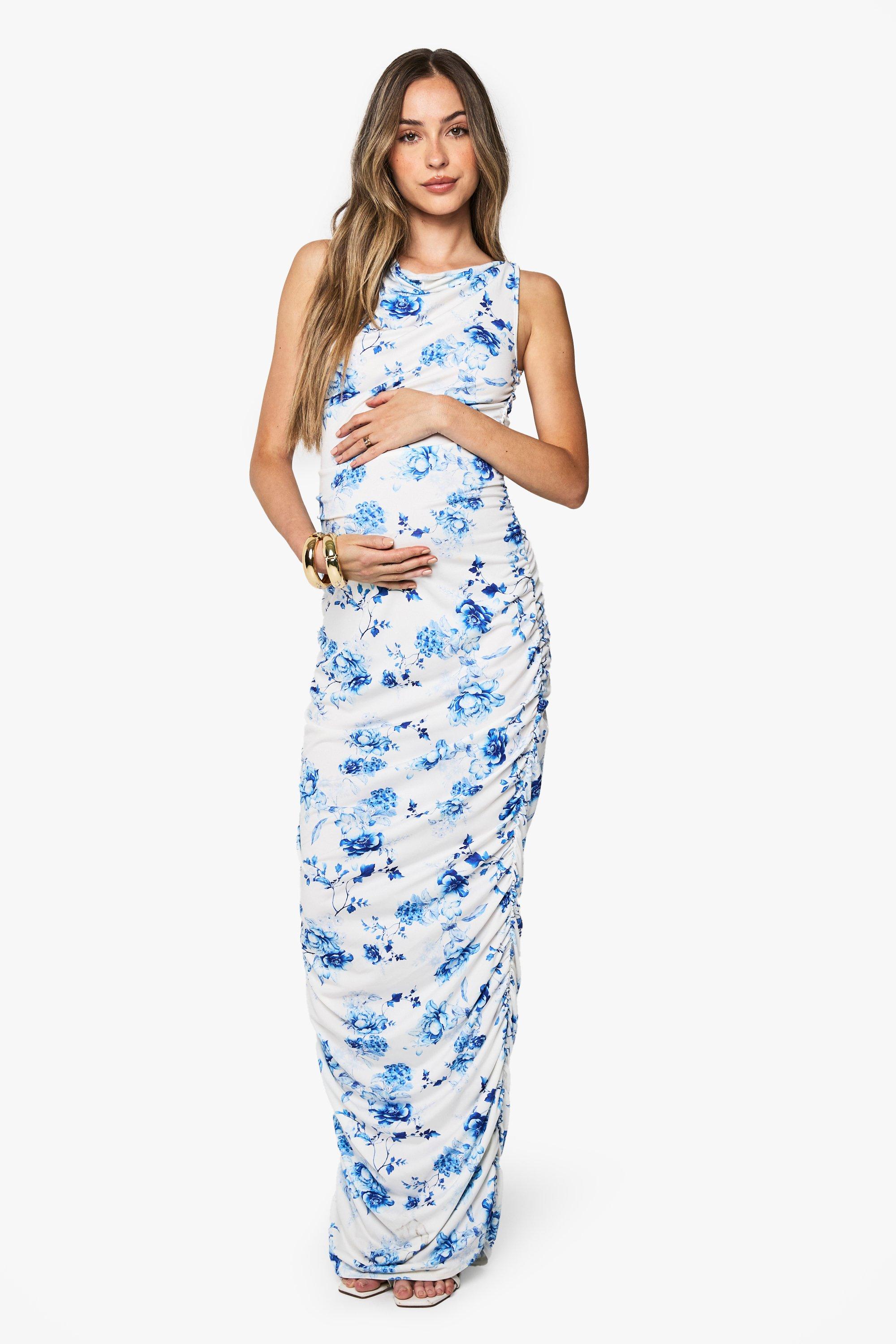 Boohoo Maternity Porcelain Print Ruched Maxi Dress, Blue