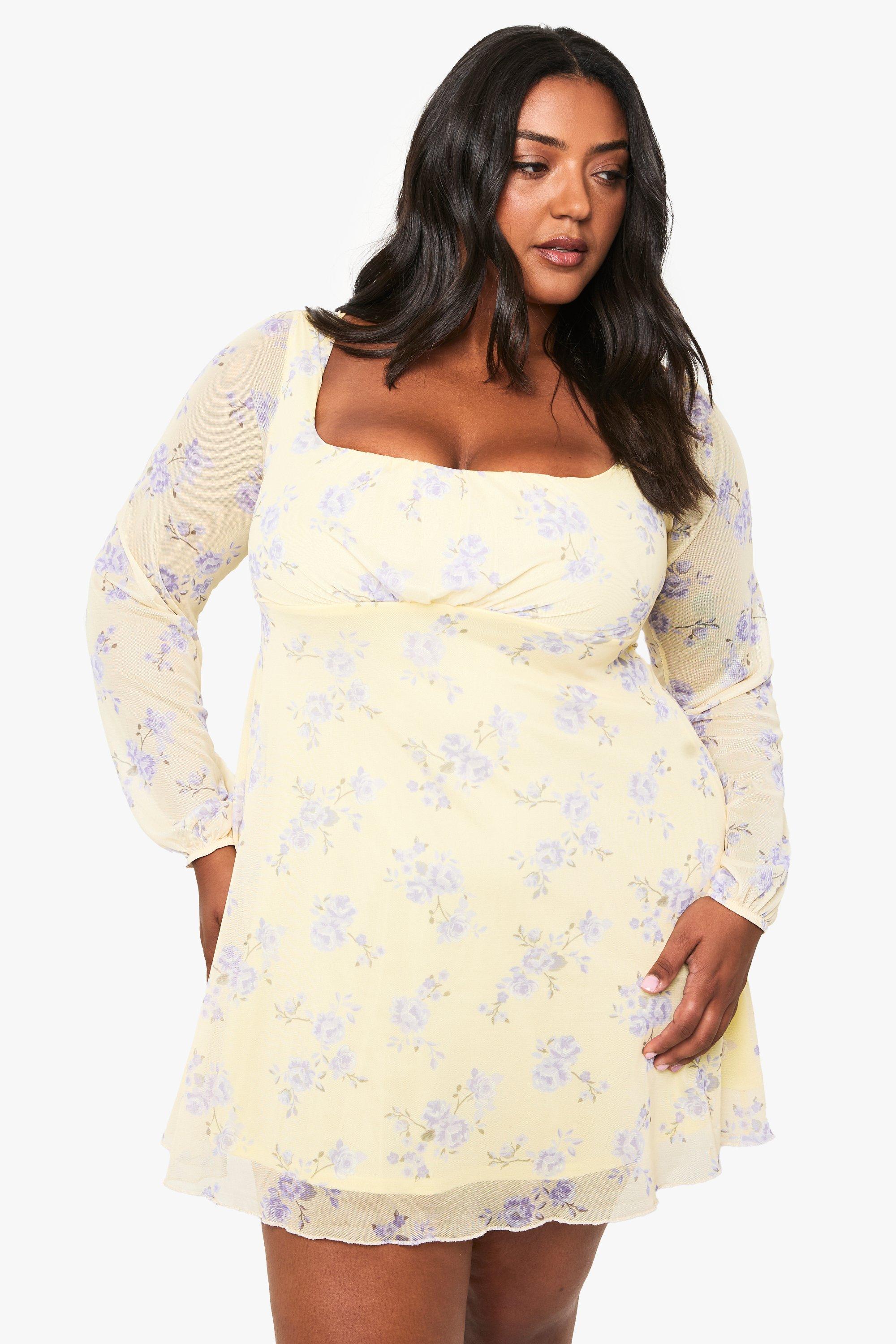 Boohoo Plus Floral Mesh Milkmaid Mini Dress, Cream
