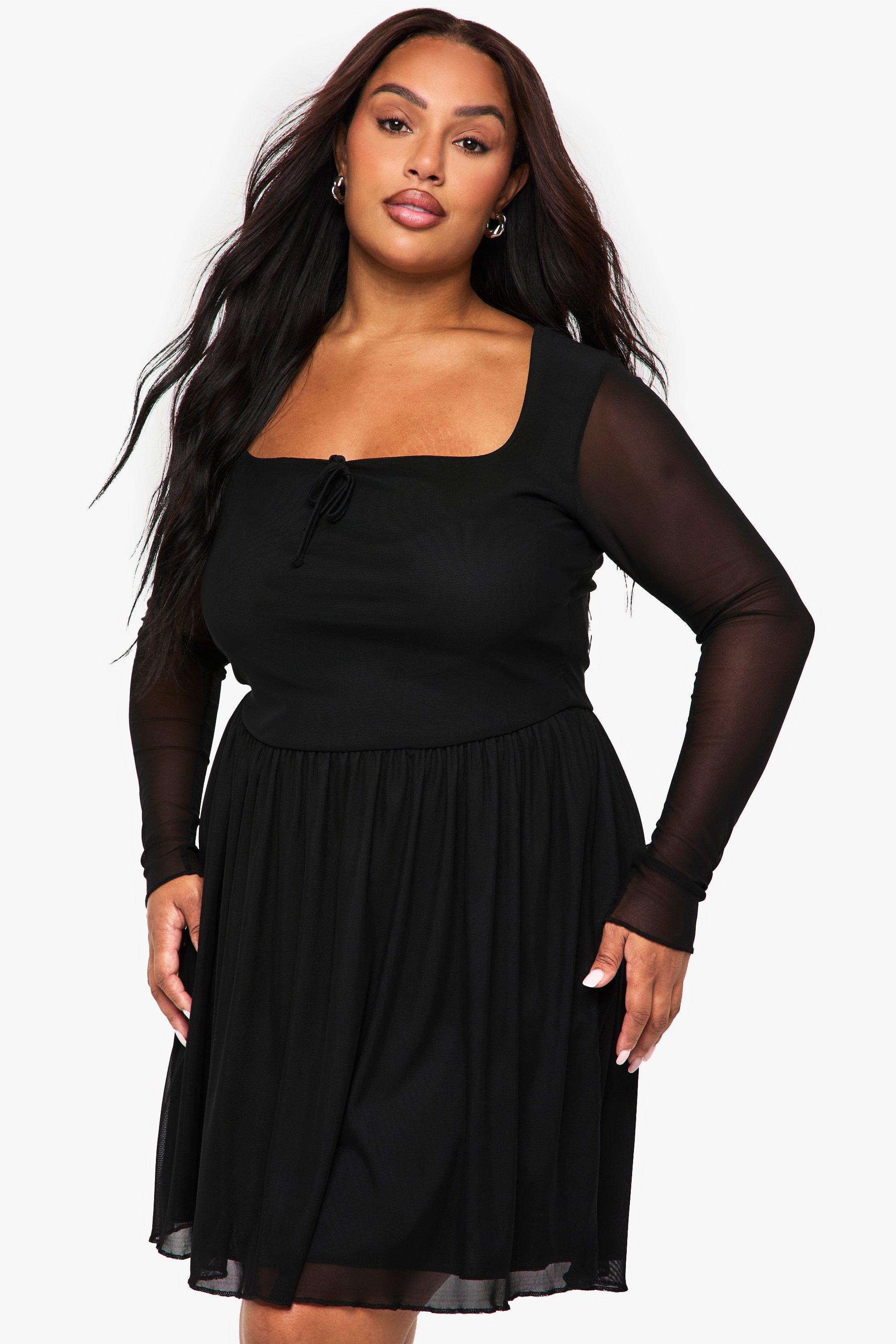 Boohoo Plus Mesh Tie Detail Skater Dress, Black