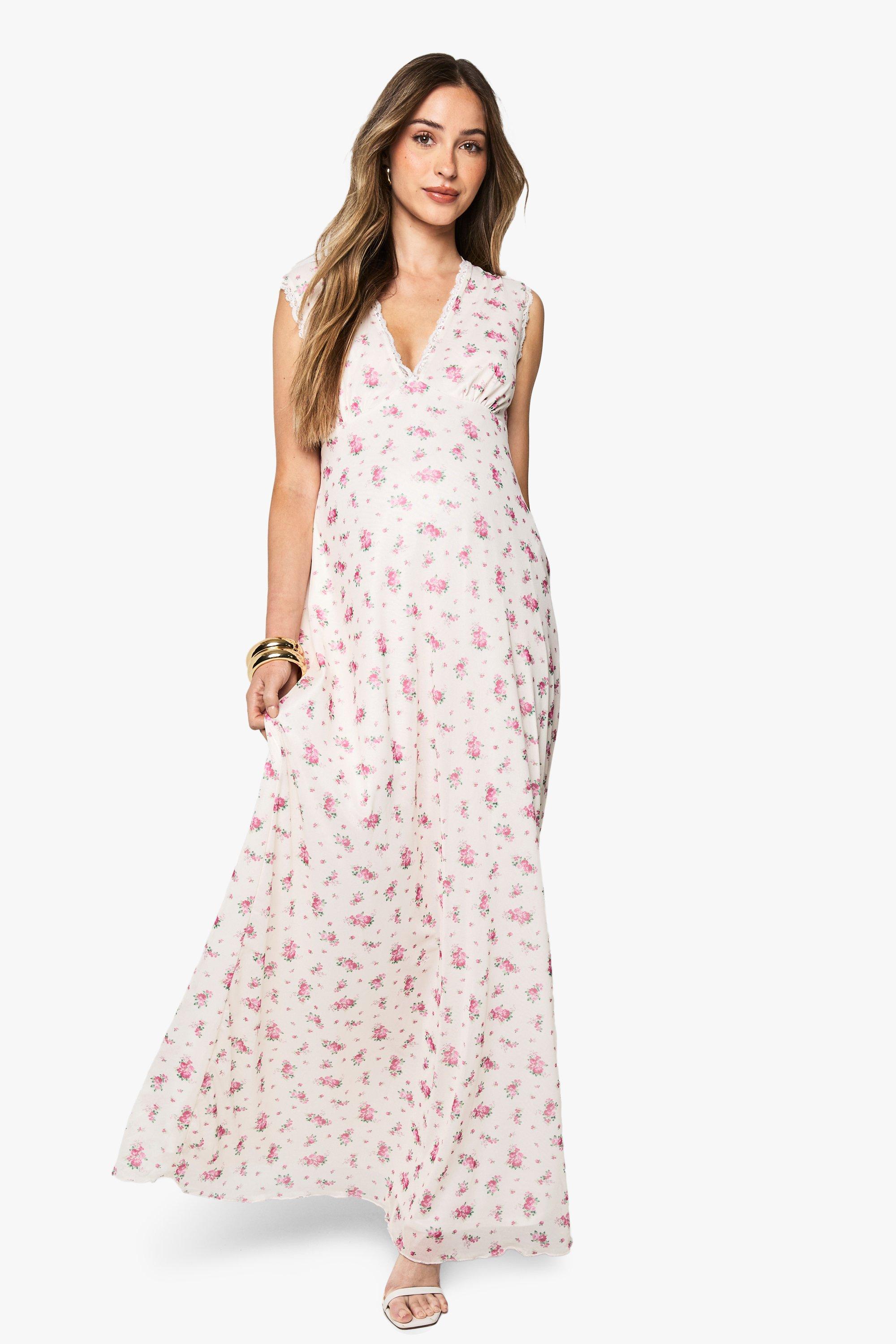 Boohoo Maternity Floral Mesh Ruched Maxi Dress, Cream