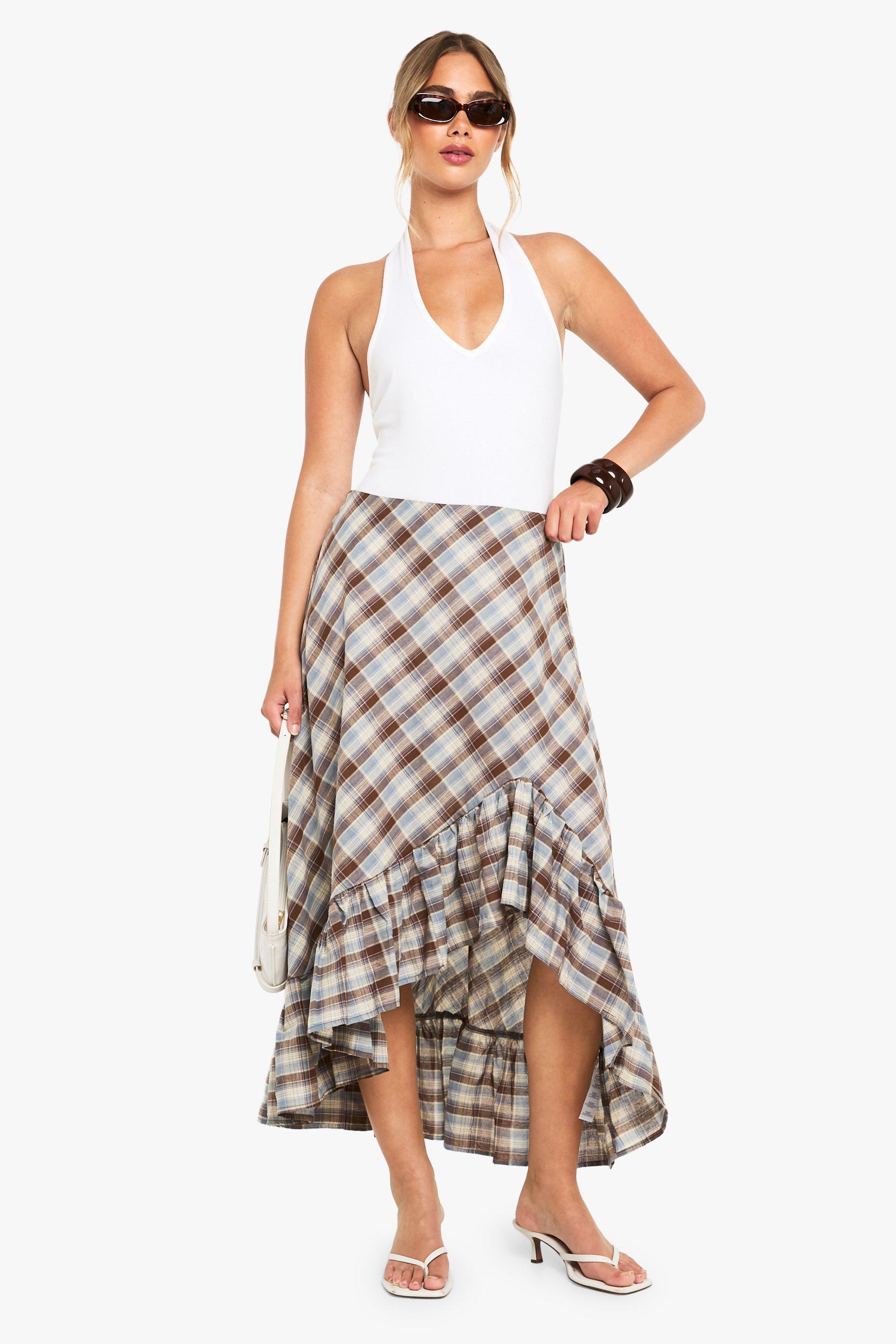 Boohoo Flannel Ruffle Asym Midi Skirt, Brown