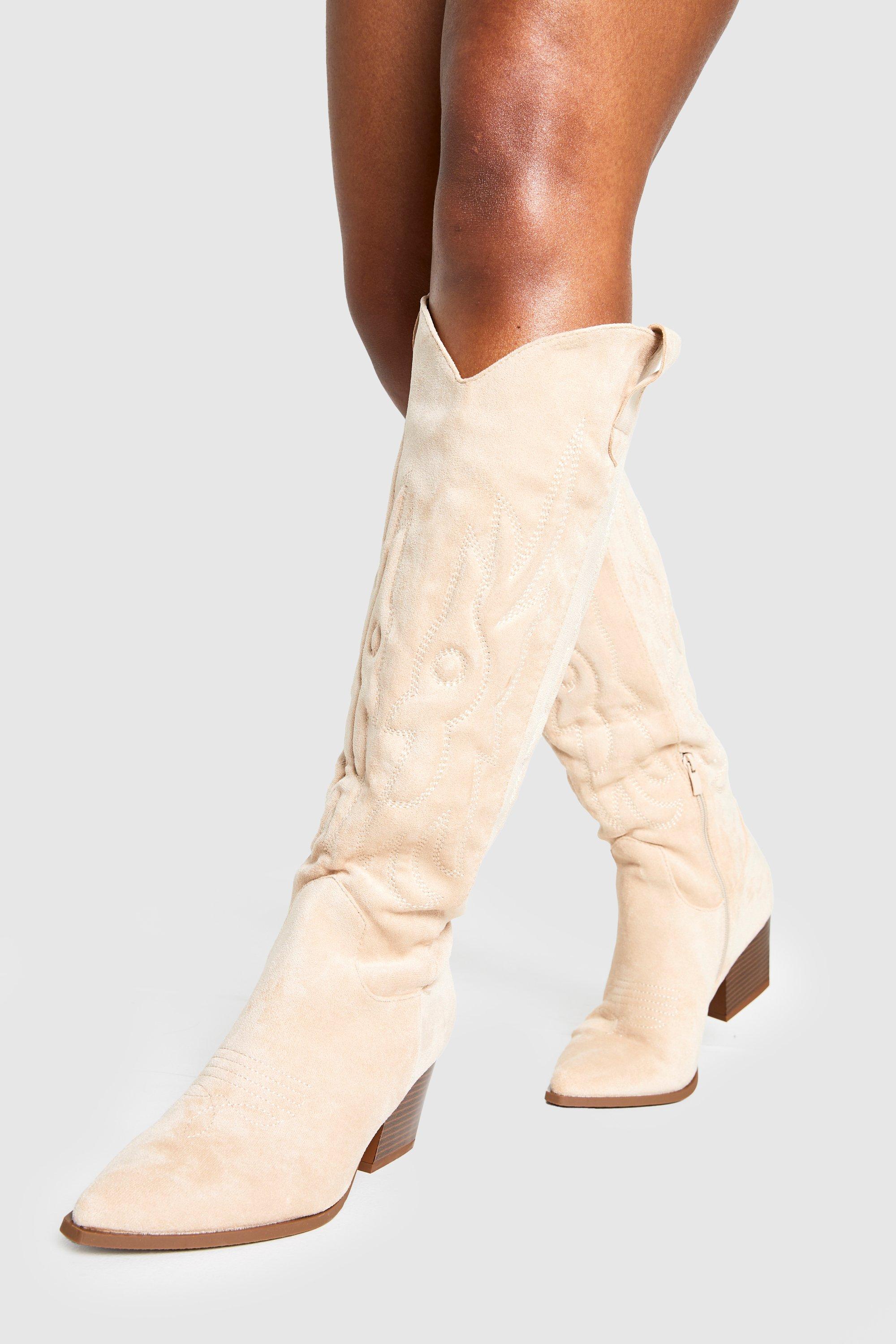 Boohoo Geborduurde Cowboy Knielaarzen, Beige