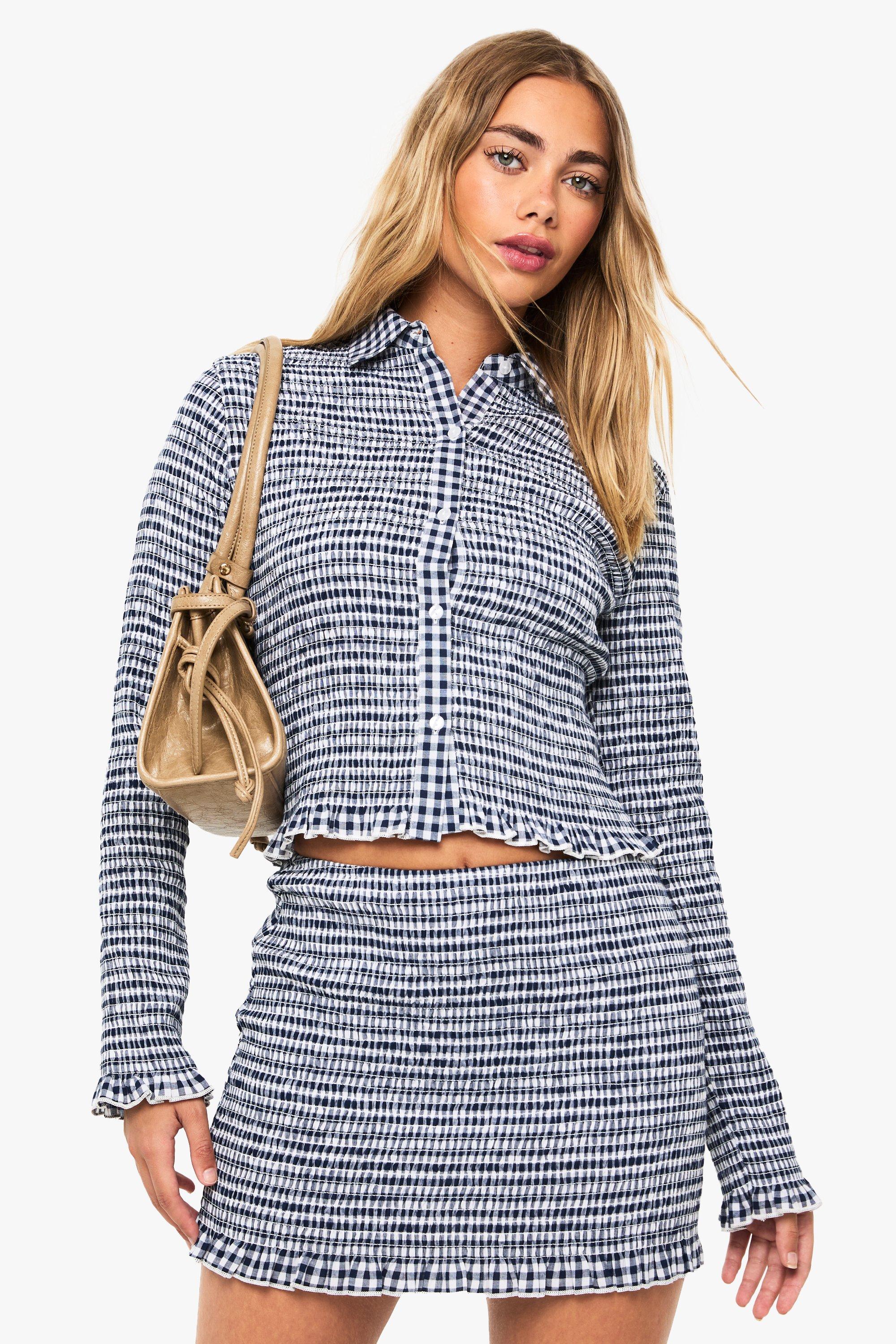 Boohoo Smocked Gingham Mini Skirt, Navy