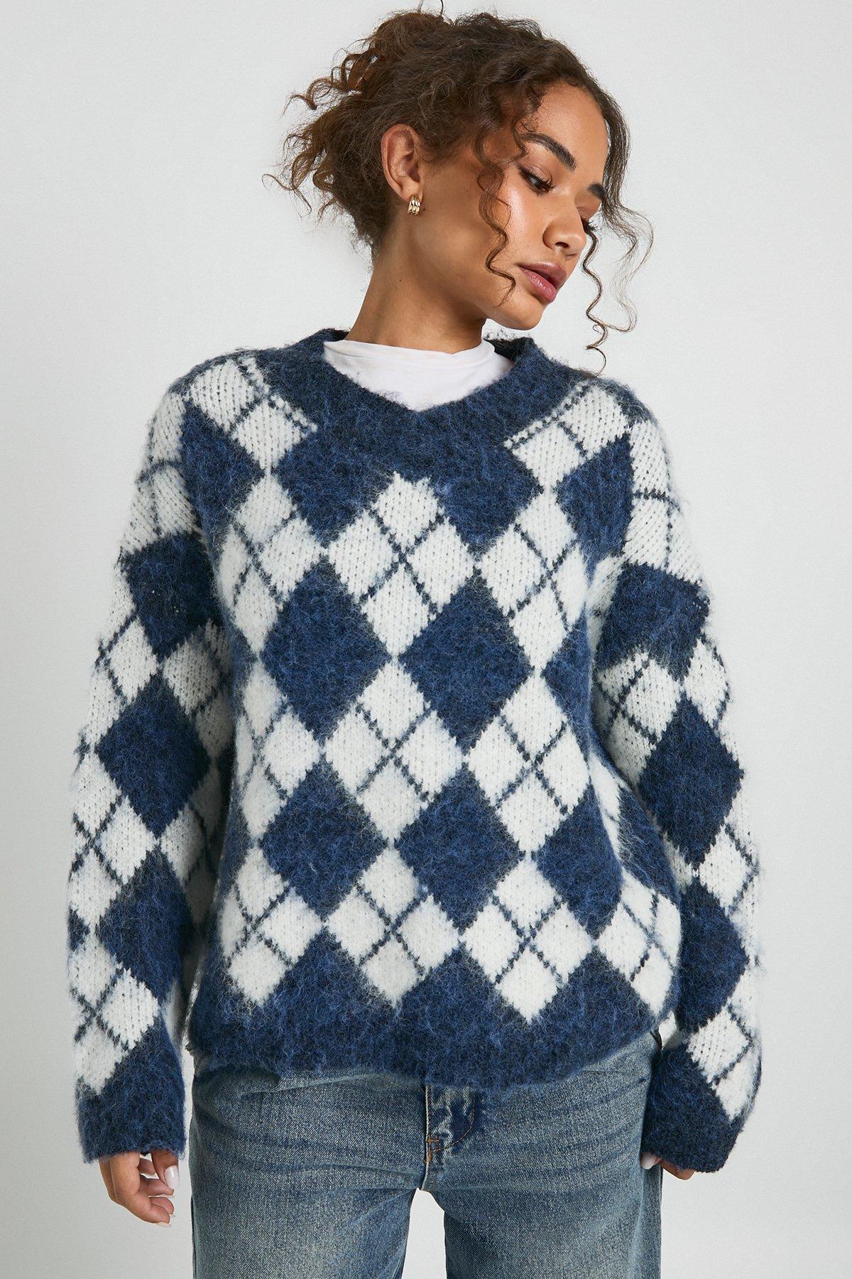 Image of Premium Super Soft Brushed Knit V Neck Argyle Oversized Jumper, Navy