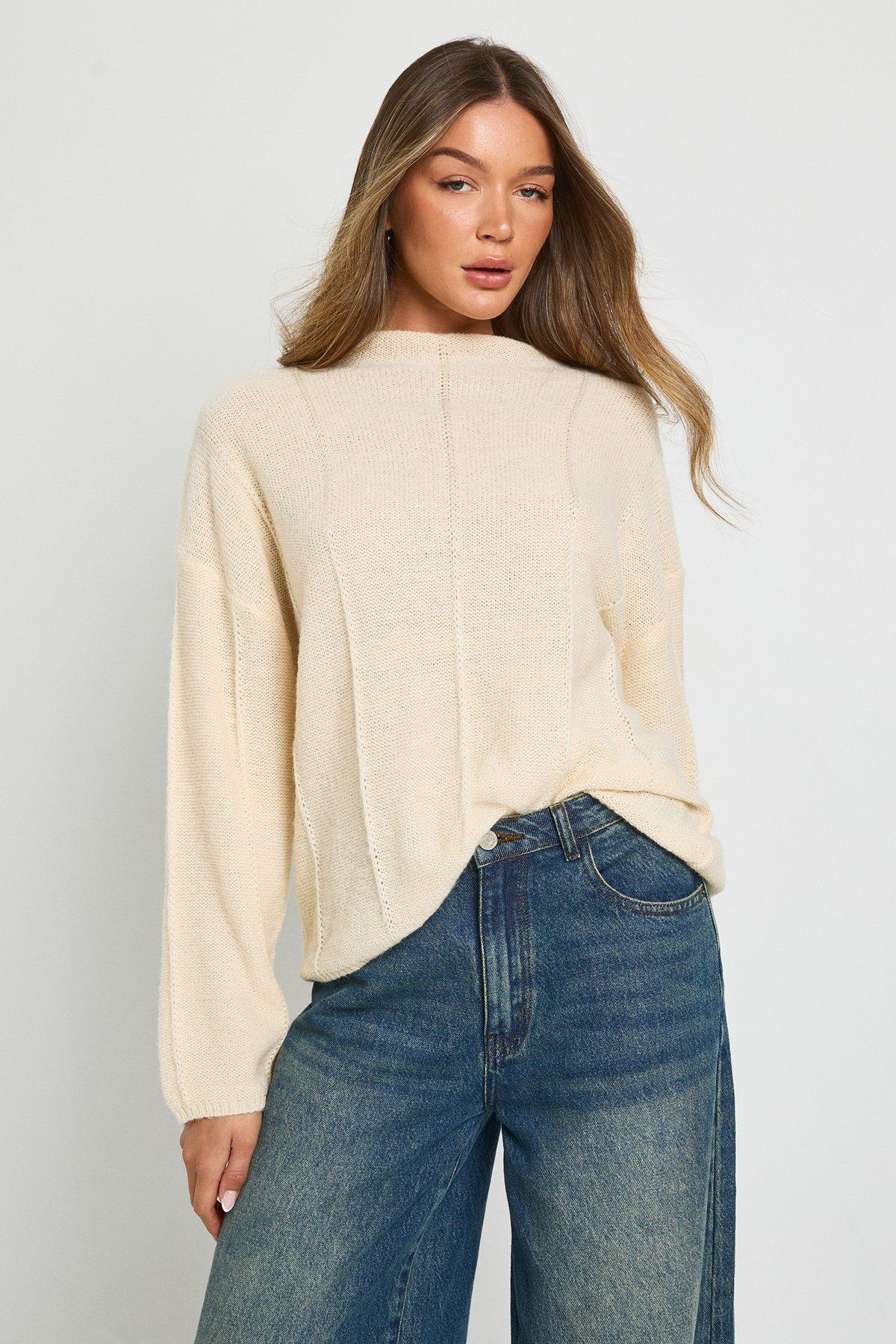 Image of Seam Detail High Neck Knitted Jumper, Cream