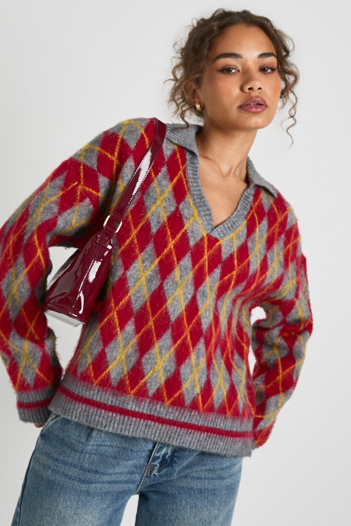 Image of Soft Knit Oversized Argyle Collared Jumper, Rosso