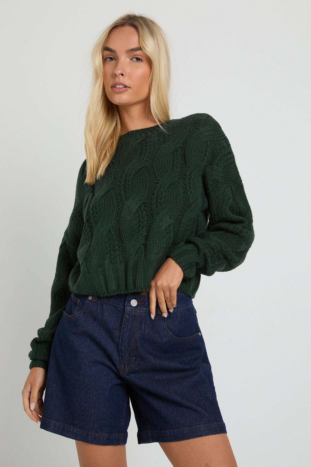 Image of Cable Knit Crop Jumper, Verde