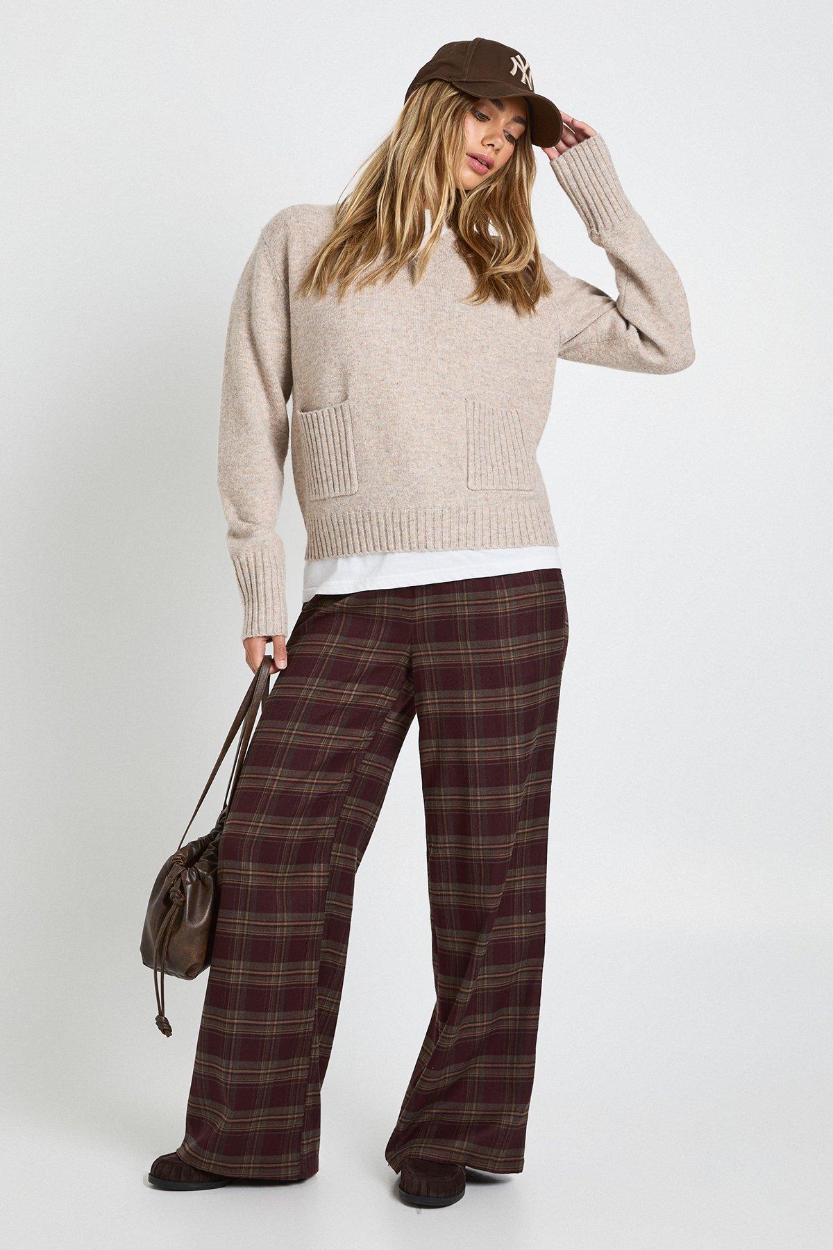 Image of V Neck Pocket Detail Oversized Knitted Jumper, Beige