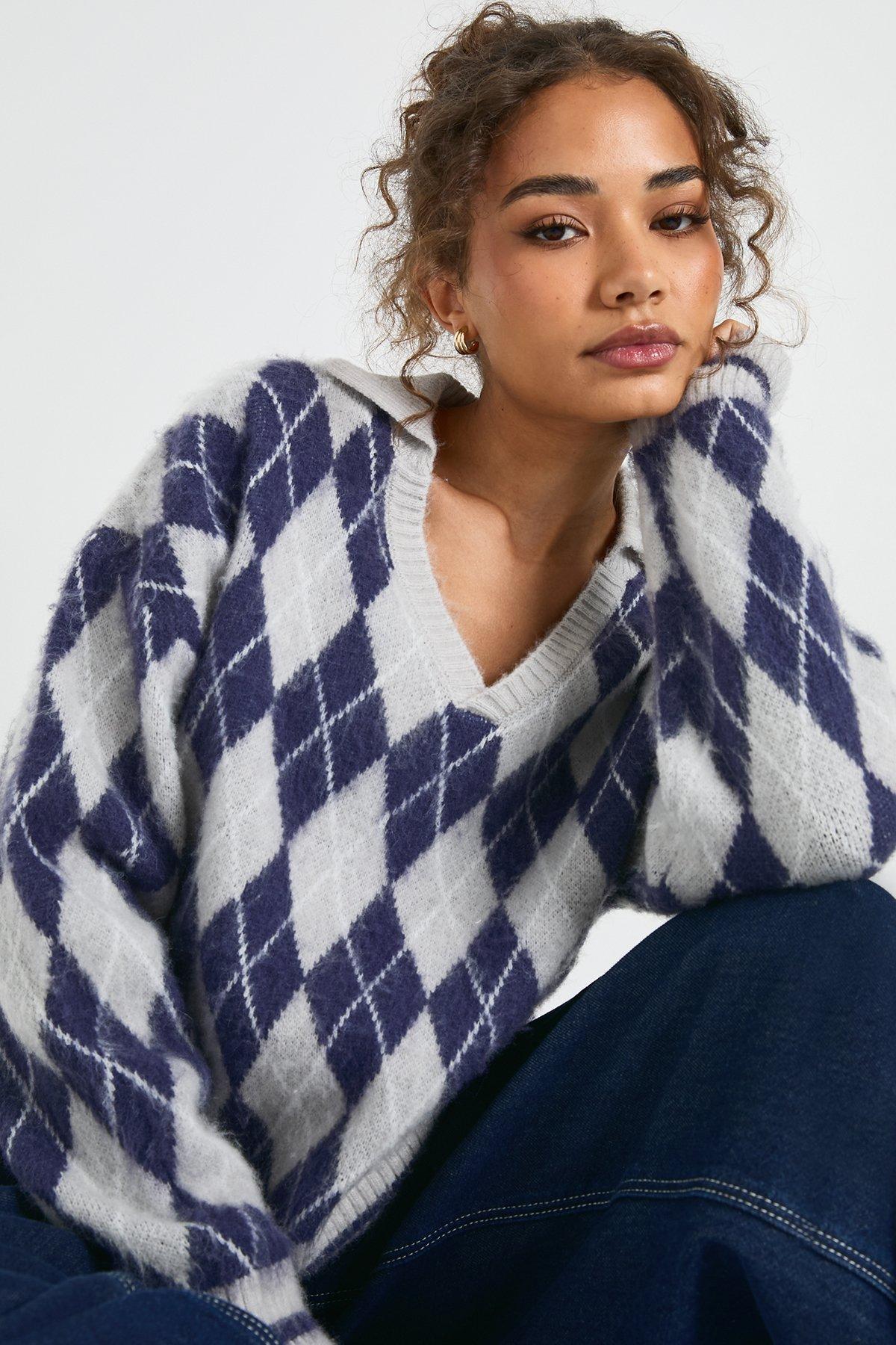 Image of Soft Knit Oversized Argyle Collared Jumper, Navy