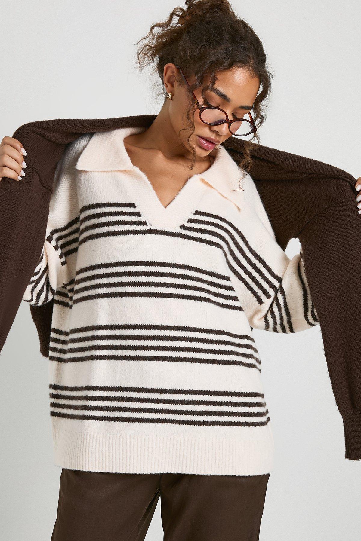 Image of Soft Knit Stripe Polo Collar Jumper, Cream