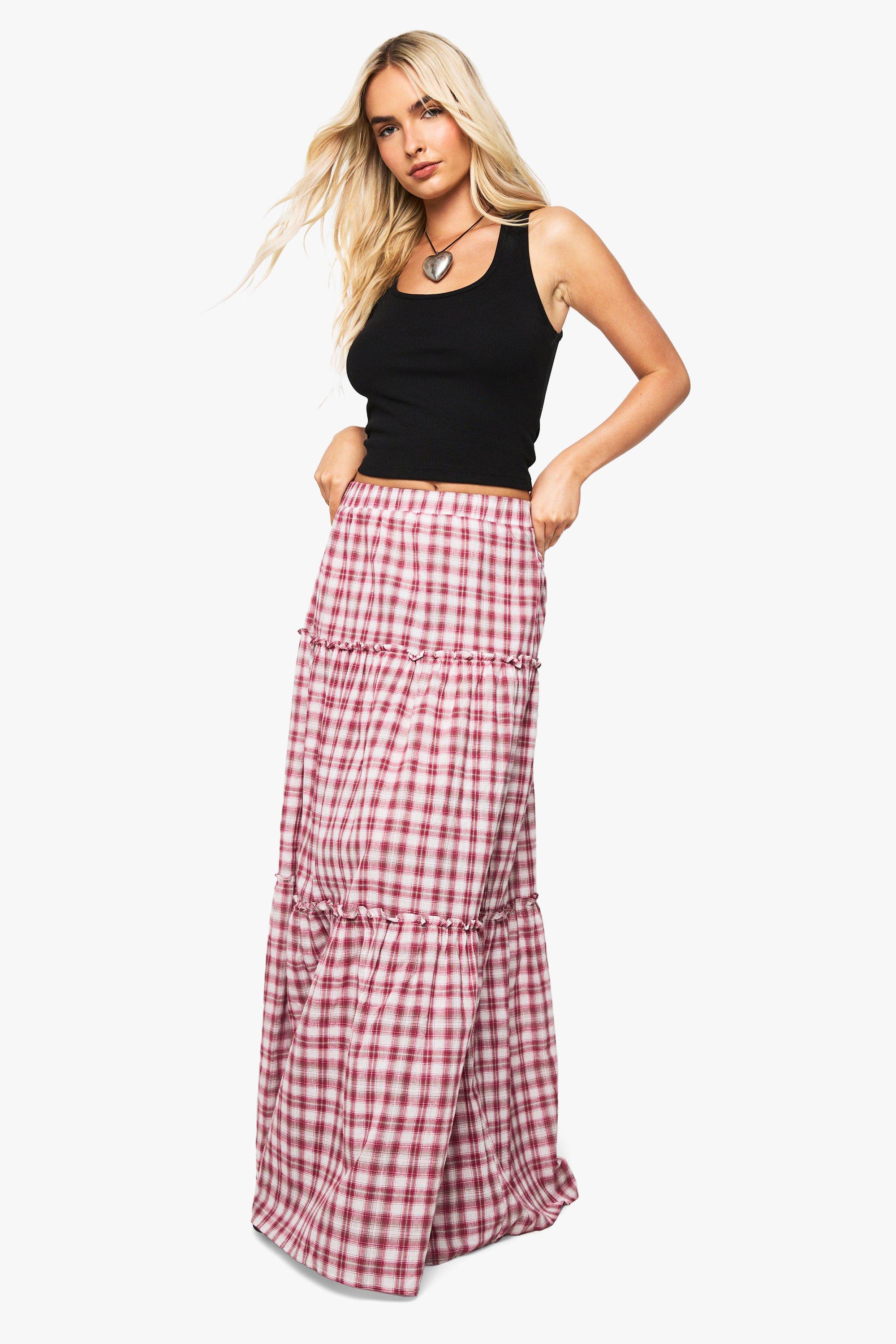 Boohoo Tiered Flannel Maxi Skirt, Red