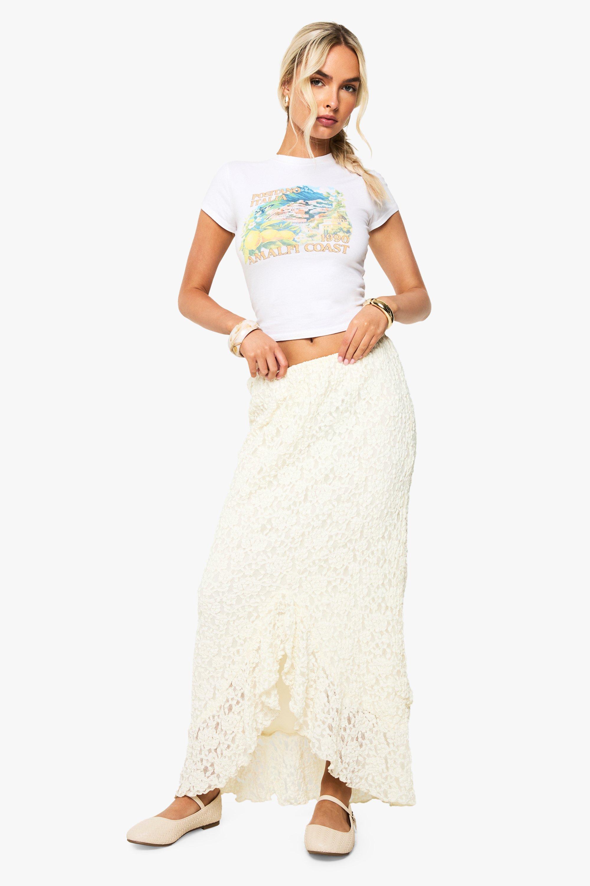 Boohoo Ruffle Lace Asymmetric Hem Midi Skirt, Cream