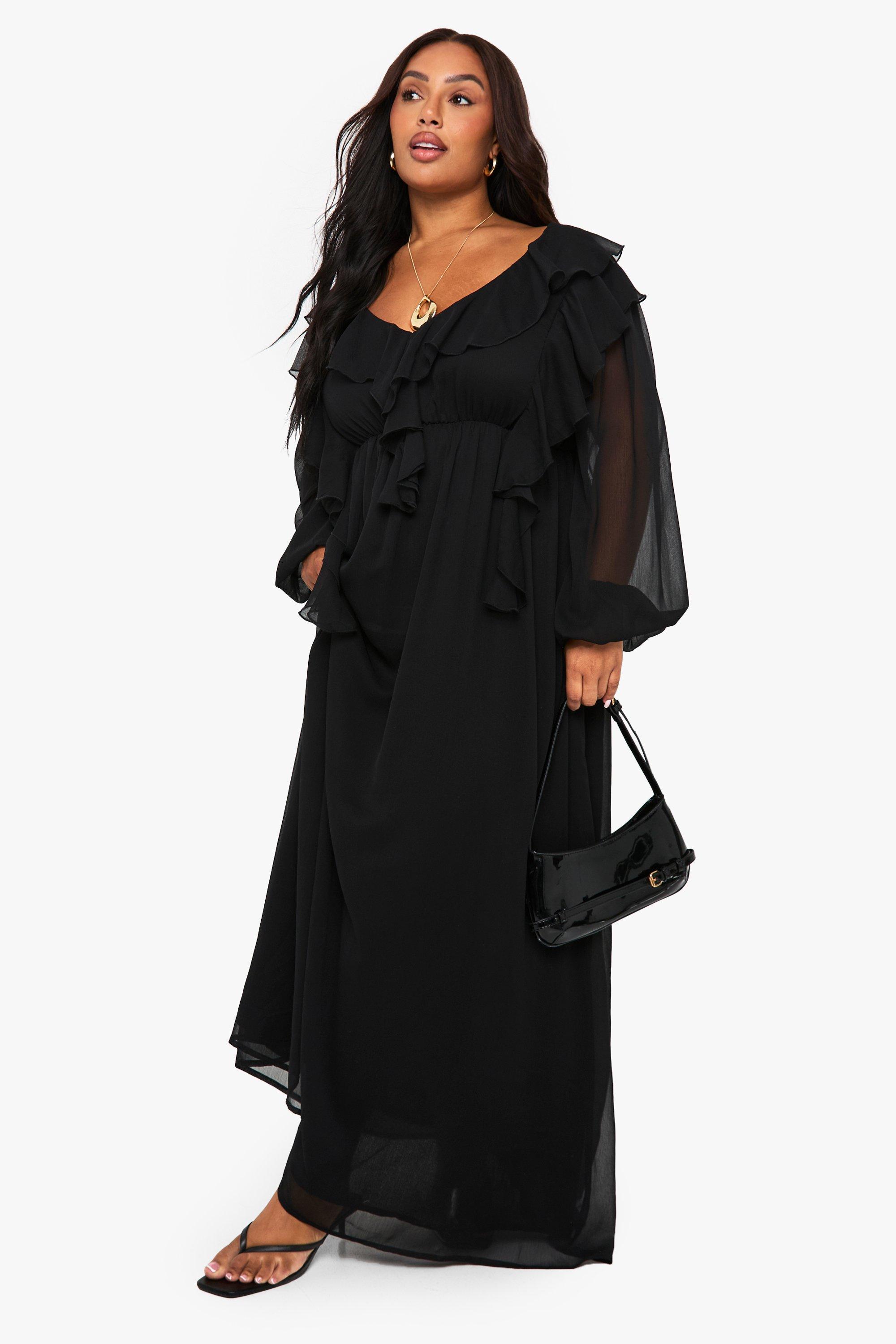 Boohoo Plus Chiffon Ruffle Detail Maxi Skater Dress, Black