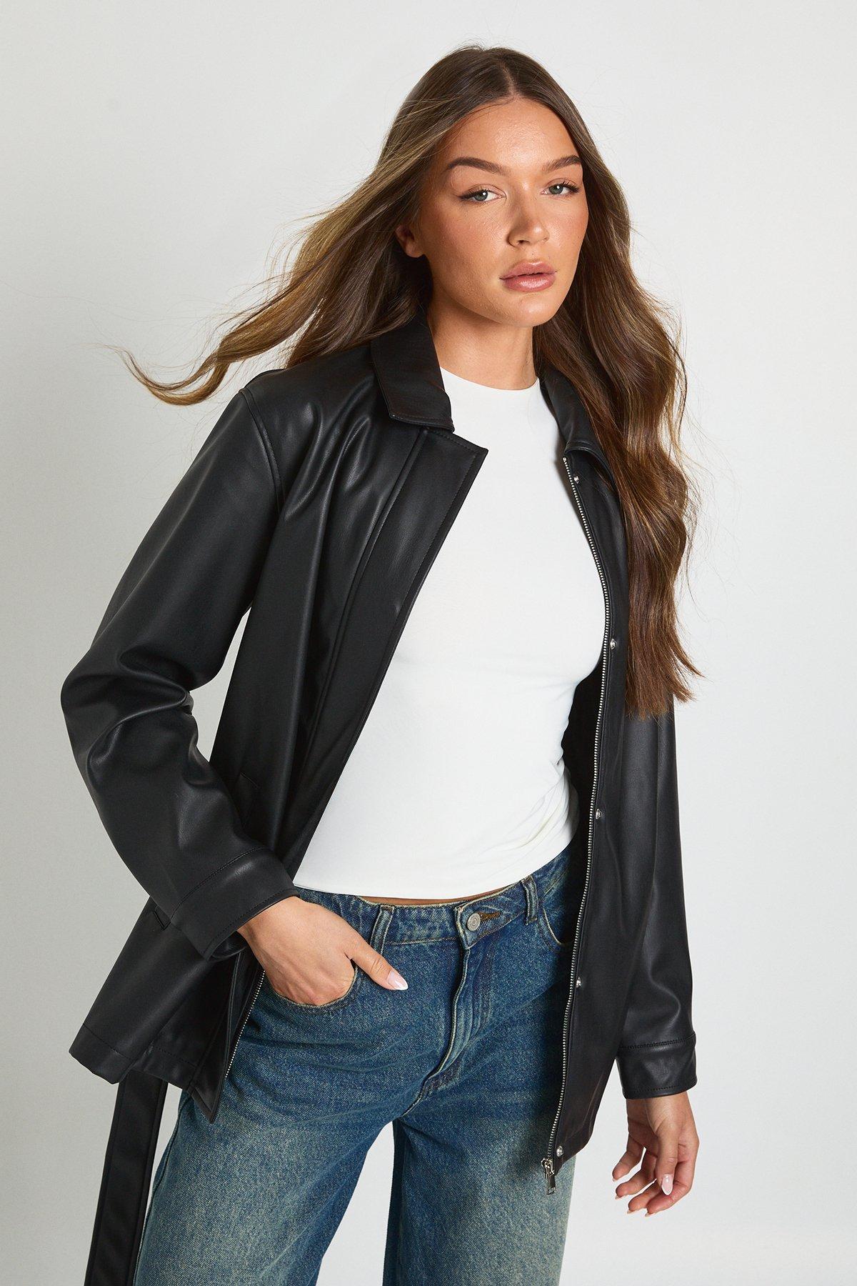 Image of Faux Leather Belted Jacket, Nero