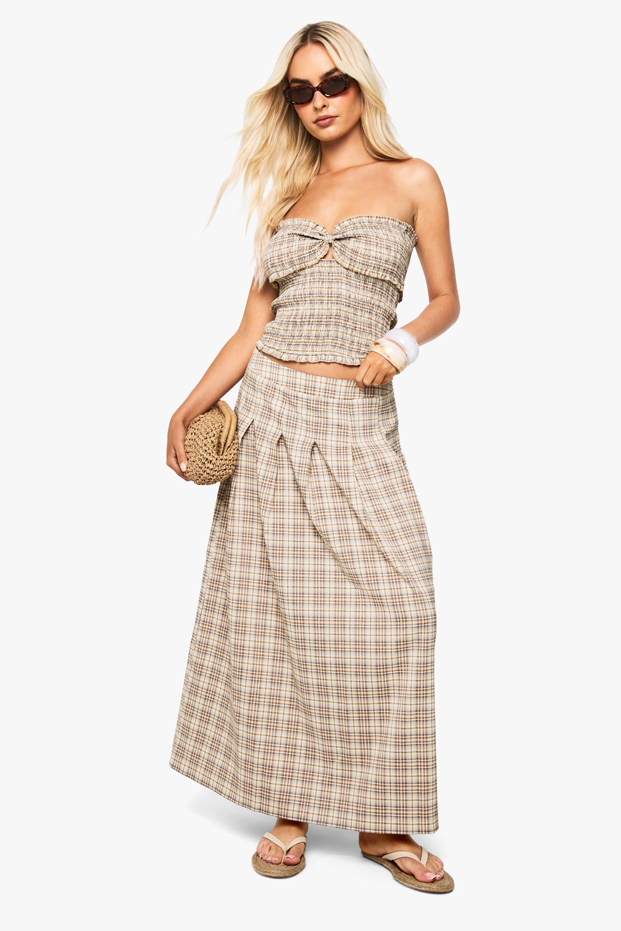 Boohoo Flannel Pleated Split Midi Skirt, Beige