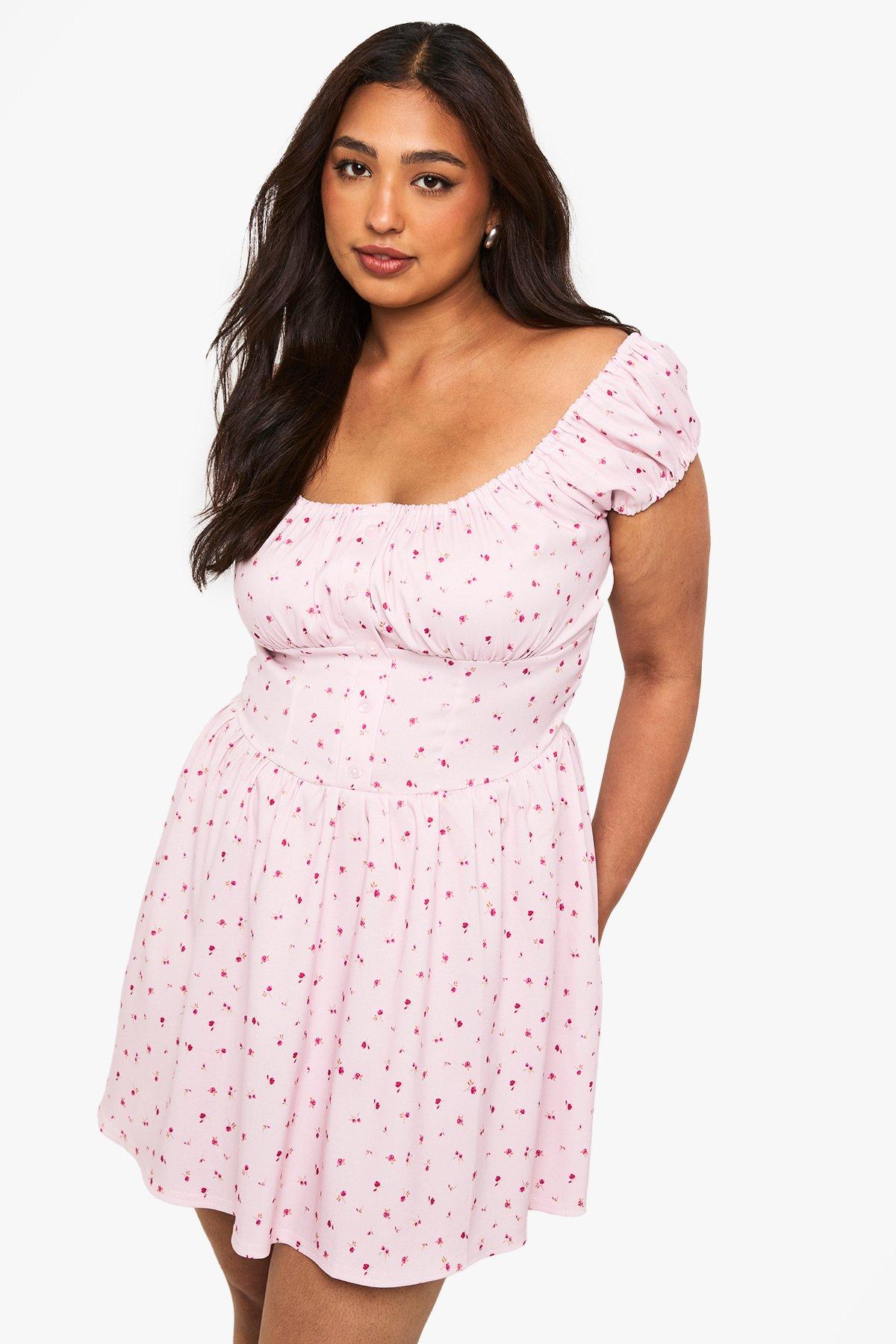 Boohoo Plus Bengaline Ditsy Mini Skater Dress, Pink