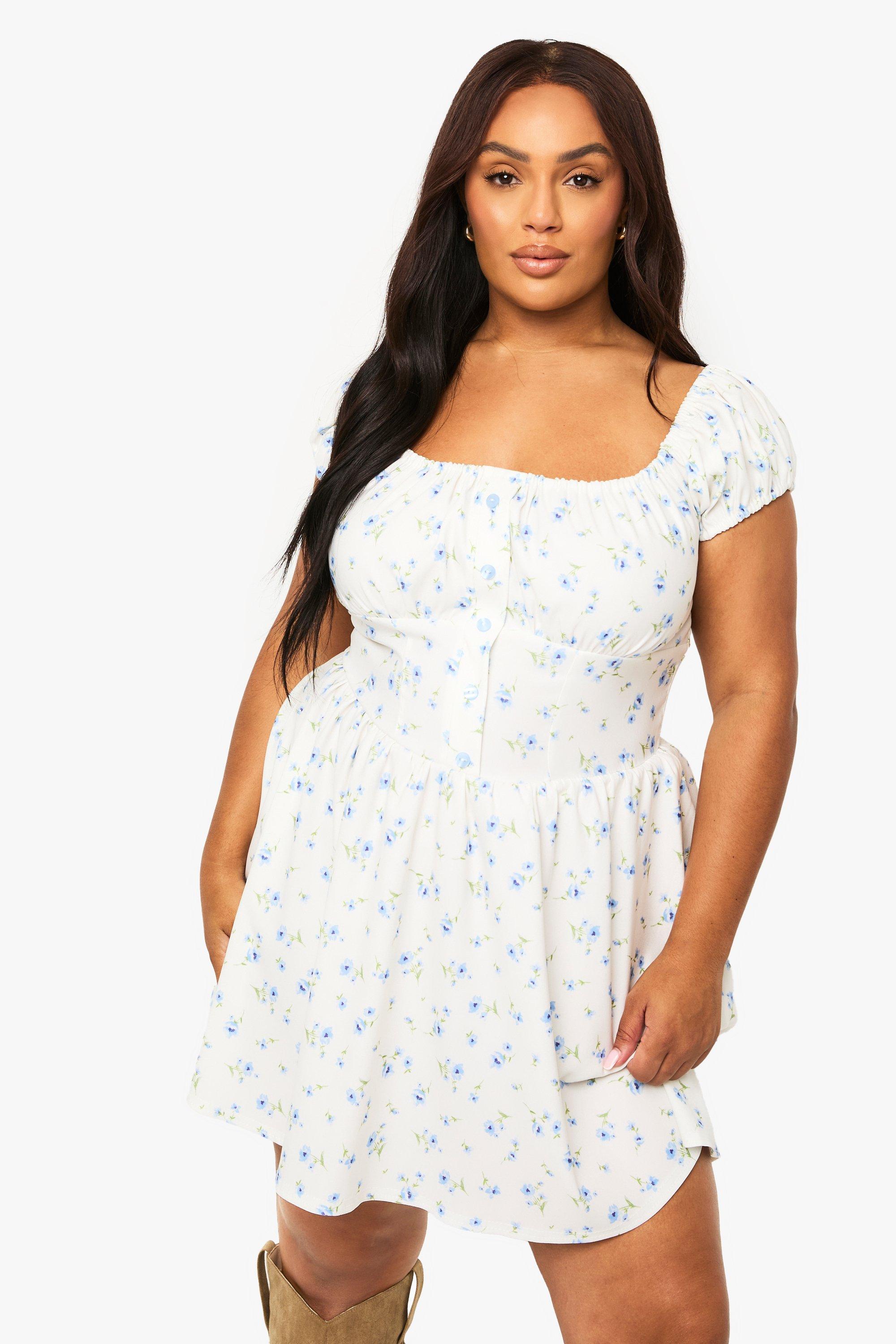 Boohoo Plus Bengaline Ditsy Mini Skater Dress, Ivory