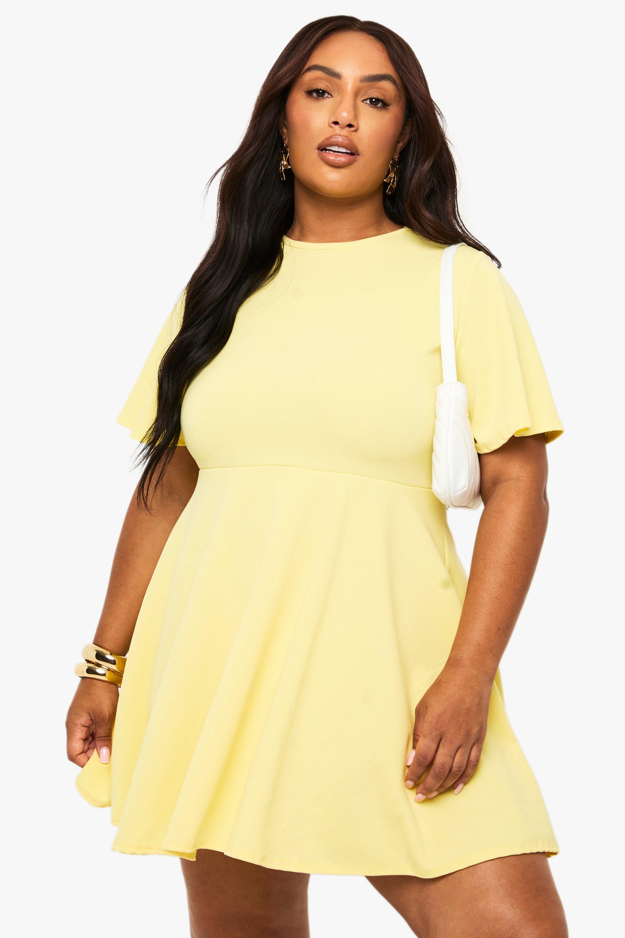 Boohoo Plus Pleated Angel Sleeve Skater Dress, Lemon