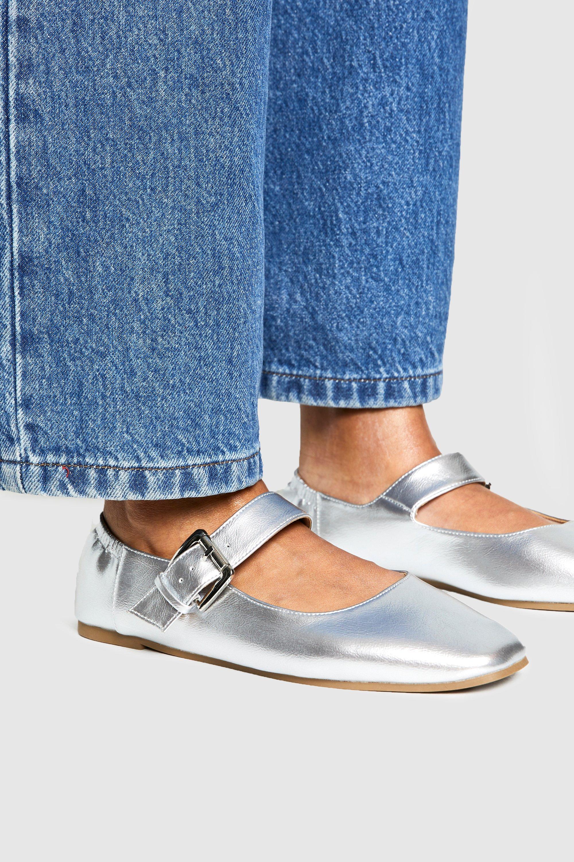 Image of Buckle Detail Mary Jane Flats, Grigio