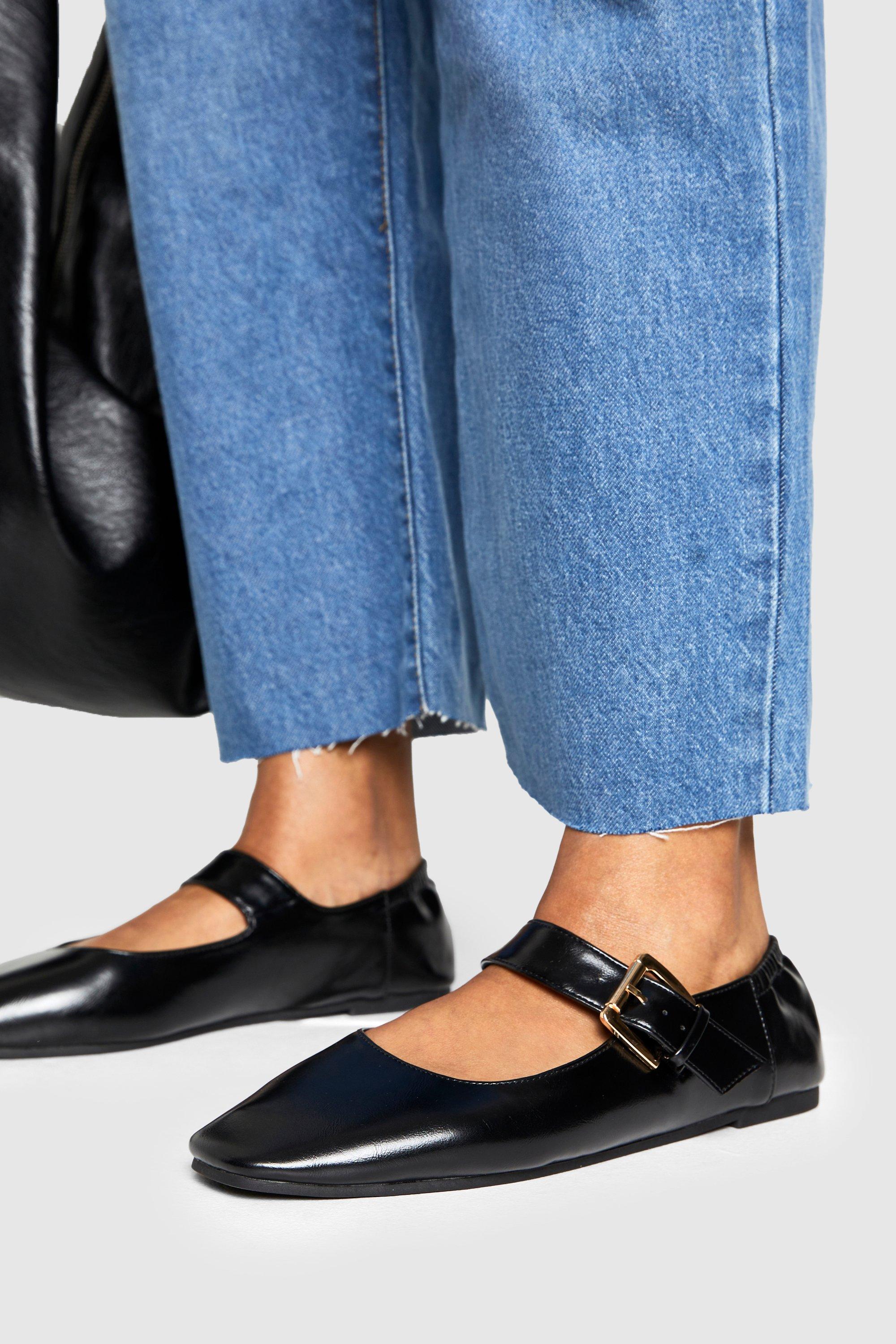 Image of Buckle Detail Mary Jane Flats, Nero