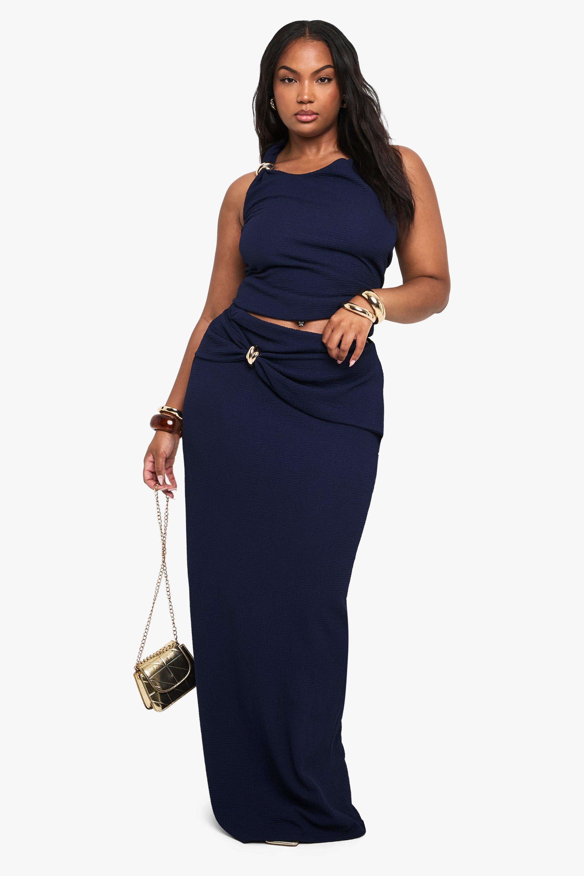 Boohoo Plus Gold Detail Maxi Skirt, Navy