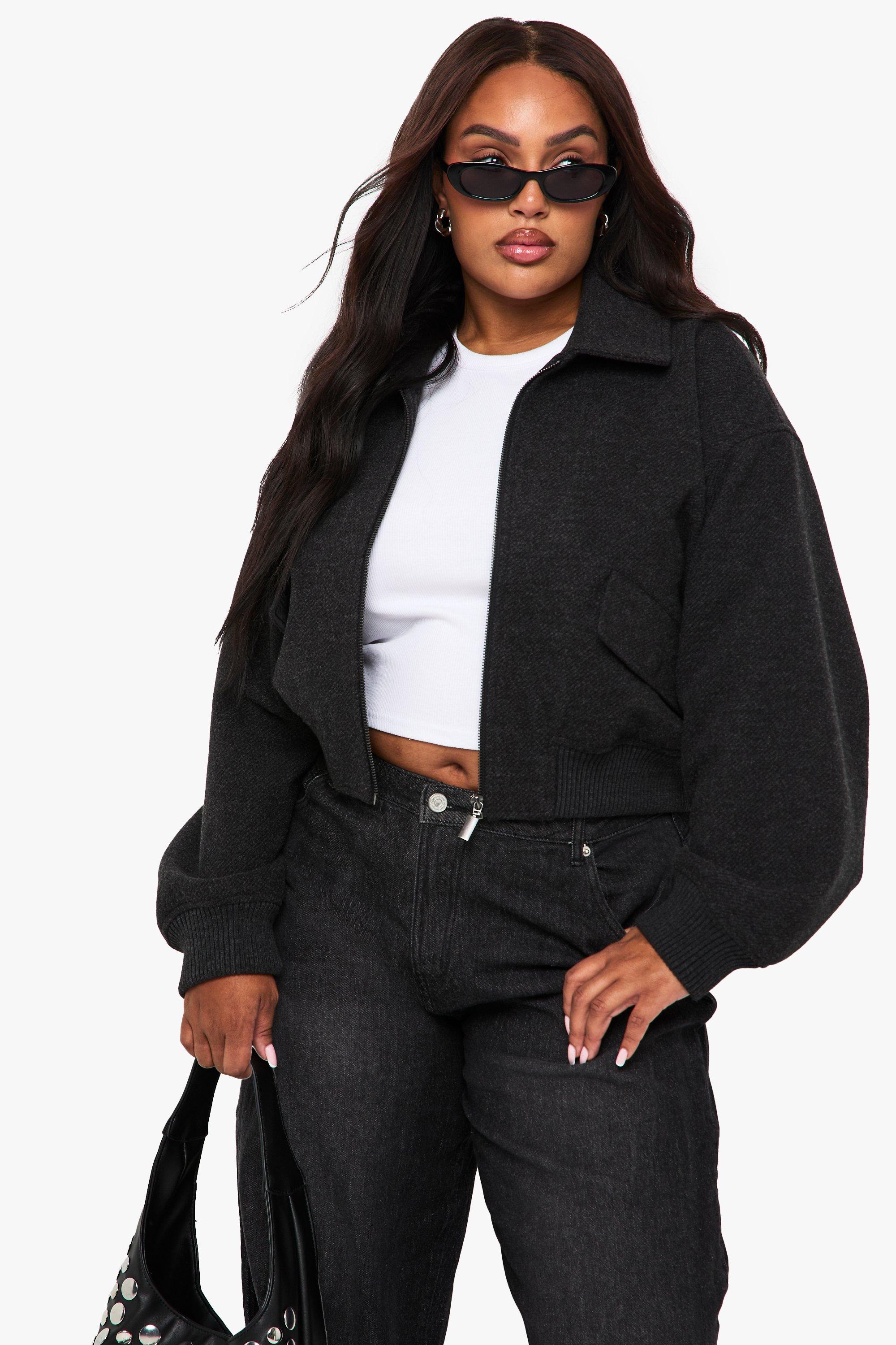 Image of Plus Wool Look Bomber Jacket, Grigio