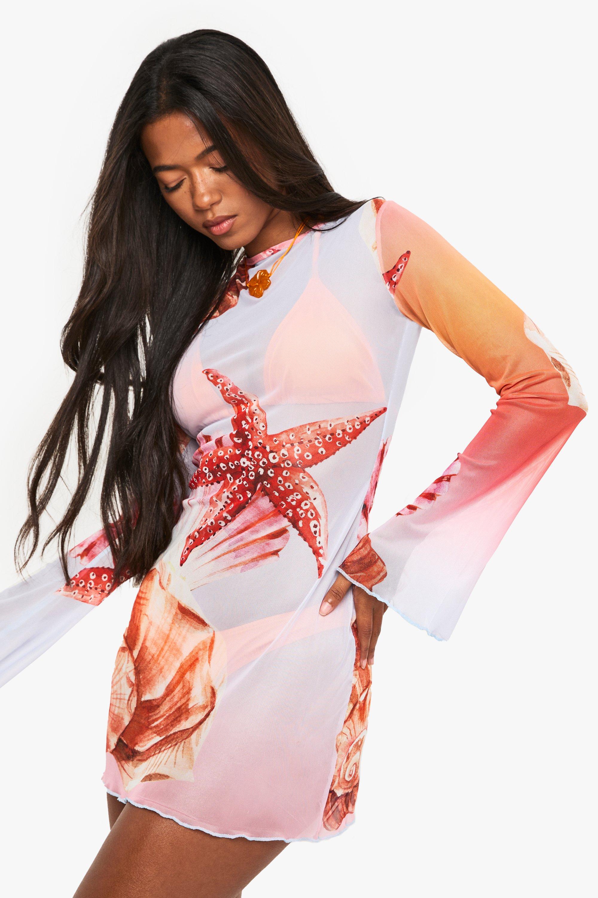 Boohoo Shell Print Mini Beach Dress, Pink